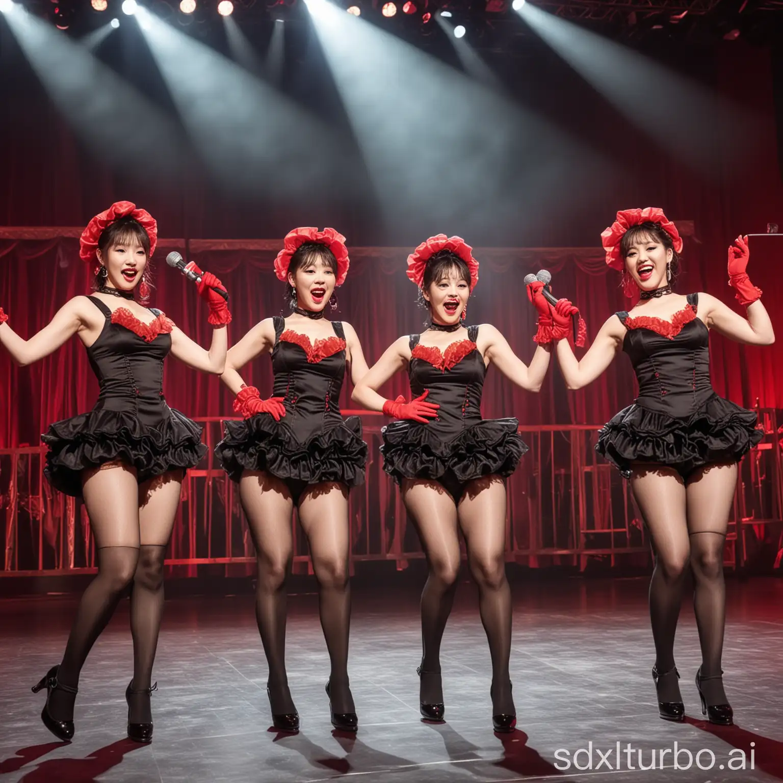 Female k pop group dressed as can can dancers with red gloves and microphone in hand singing together on stage and people filming