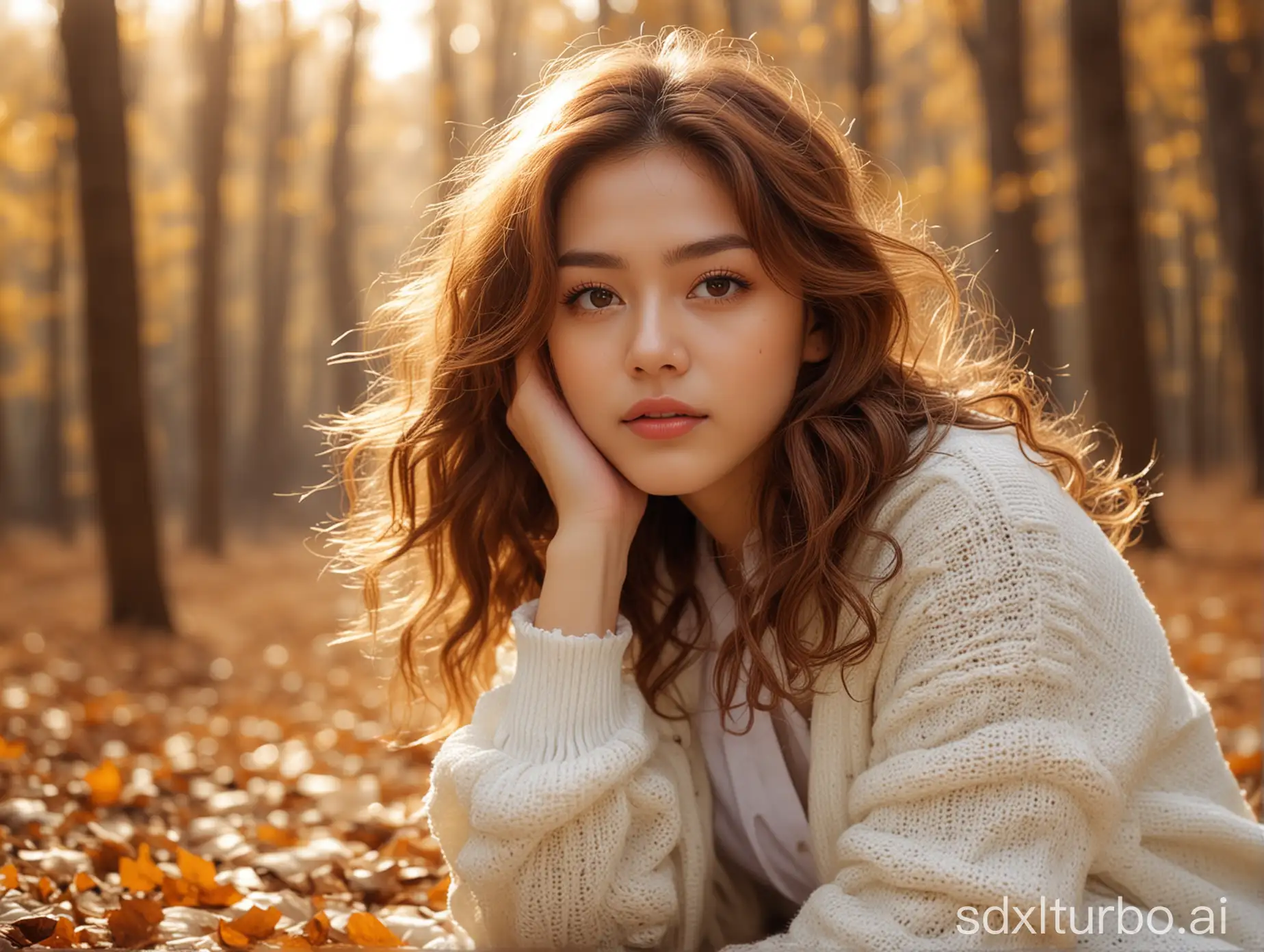 A girl wearing a white knitted cardigan is squatting and looking at the camera, with brown shiny, slightly curly hair, clean makeup, breeze, golden woods and fallen leaves, hazy feeling, blurred background, taken with a Canon, portrait photo, style reference Ouyang Nana