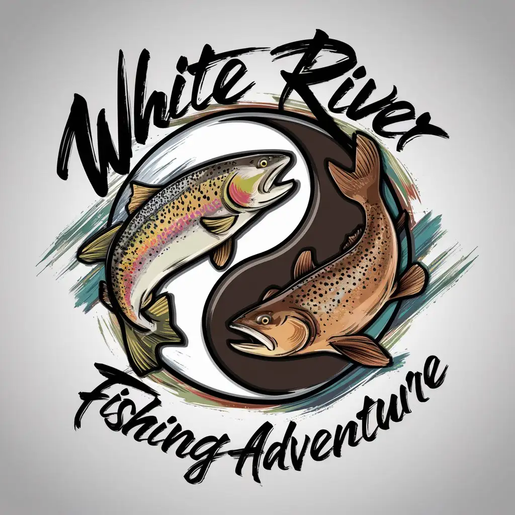 a logo design,with the text "White River Fishing Adventure", main symbol:a logo design,with the text 'White River Fishing Adventure', main symbol:colorful rainbow trout brown trout yin yang circle style caricature painted brush strokes,complex,no background,Moderate,clear background