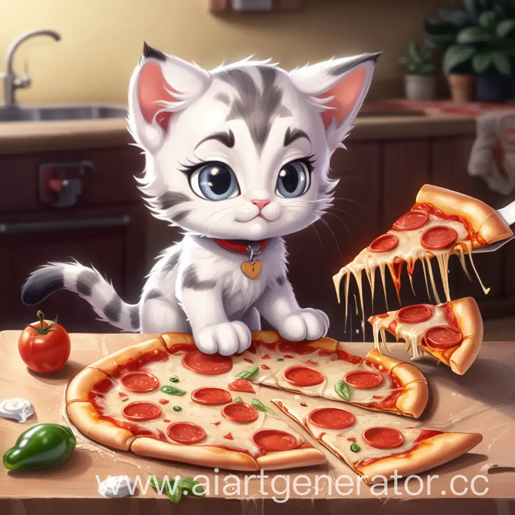 Маленький котик неуклюже готовит пиццу