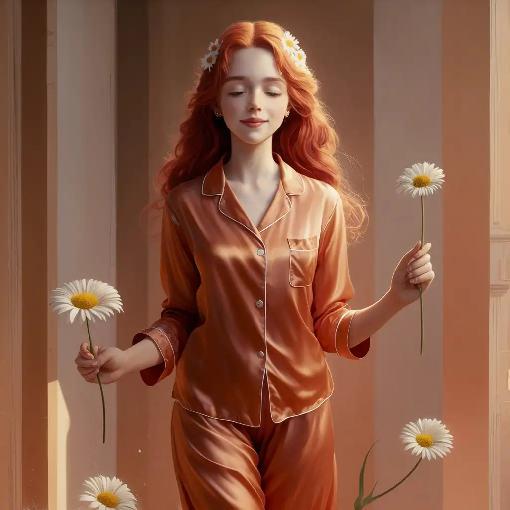 Tranquil-RedHaired-Girl-in-Orange-Pajamas-Holding-a-Daisy