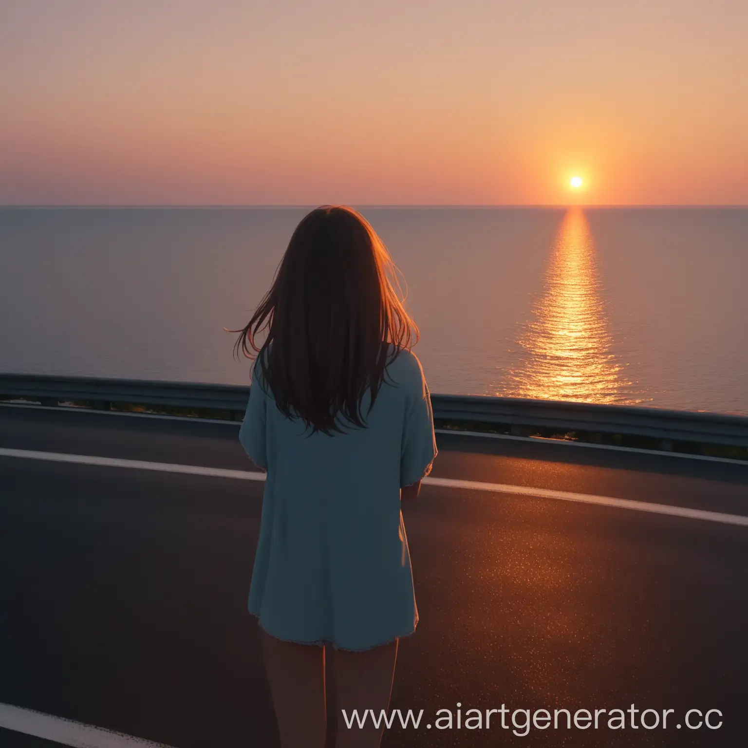 девушка смотрит на морской закат с шоссе