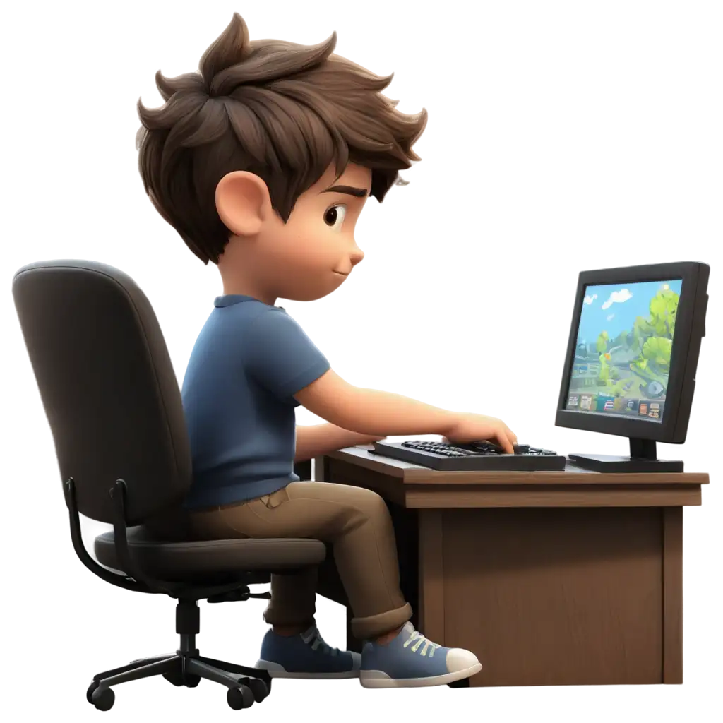 cartoon cute boy playing games in computer