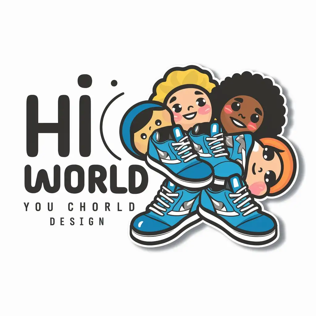 a logo design,with the text "hi world", main symbol:cartoon characters wearing sky blue sneakers.,complex,clear background
