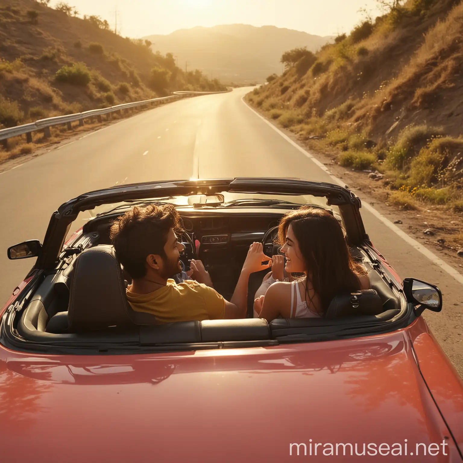Sunny Kaushal and Girl Enjoying Convertible Ride on Scenic Highway at Sunset