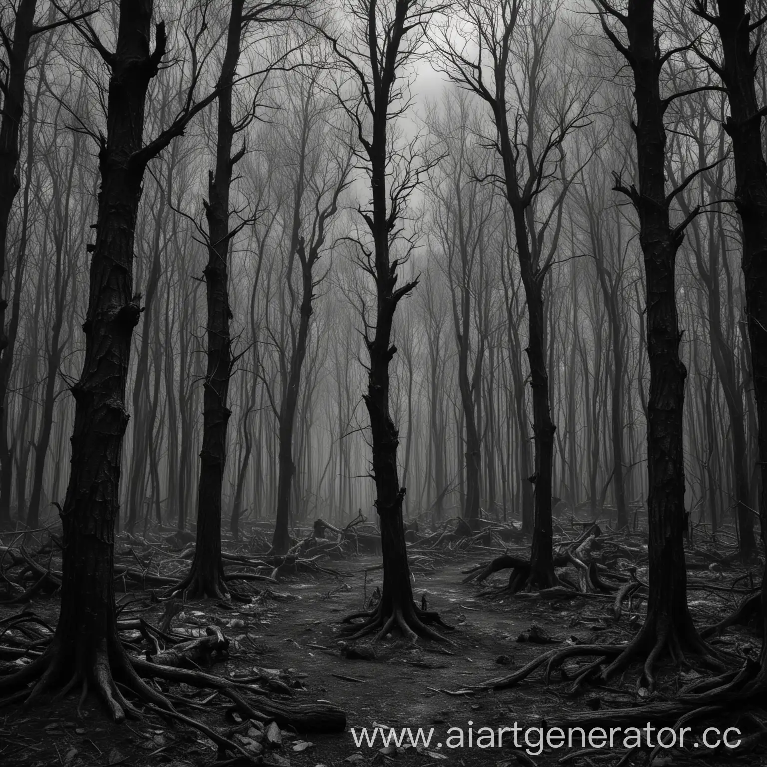 Сделай темную картинку мрака с обугленными деревьями и все в нарисованном фильтре Черно-белое
