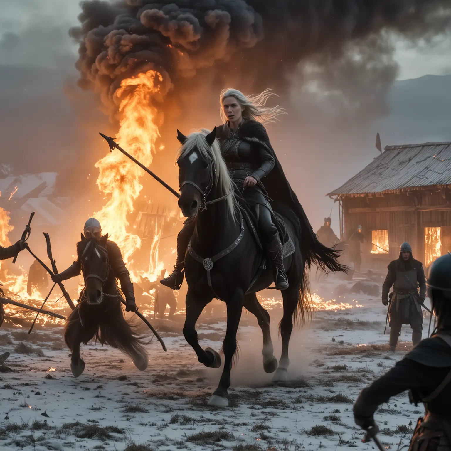 Scineamtic picture of a viking hall building on fire. A woman on a black horse with silver mane and tail gallops in the foreground. She attacking a viking with her spear. Other armed men all on foot are seen in the background. They are afraid of her. She is wearing leather clothes. She is not wearing any armour.  It is night. The ground is frosty