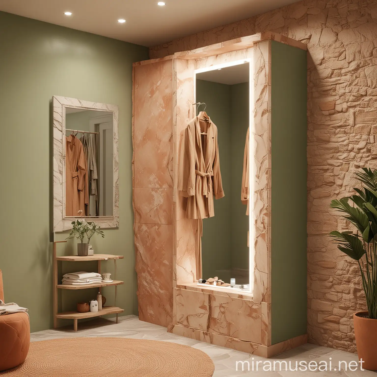 We are a premium brand, Vista Mare, a Mediterranean brand. we would like an intimate, comfortable fitting room with a virtual touch screen mirror that represents your silhouette in 3D avatar. a warm interior, with stone, warm tones like pastel green beige, a little terracotta color give me a picture 