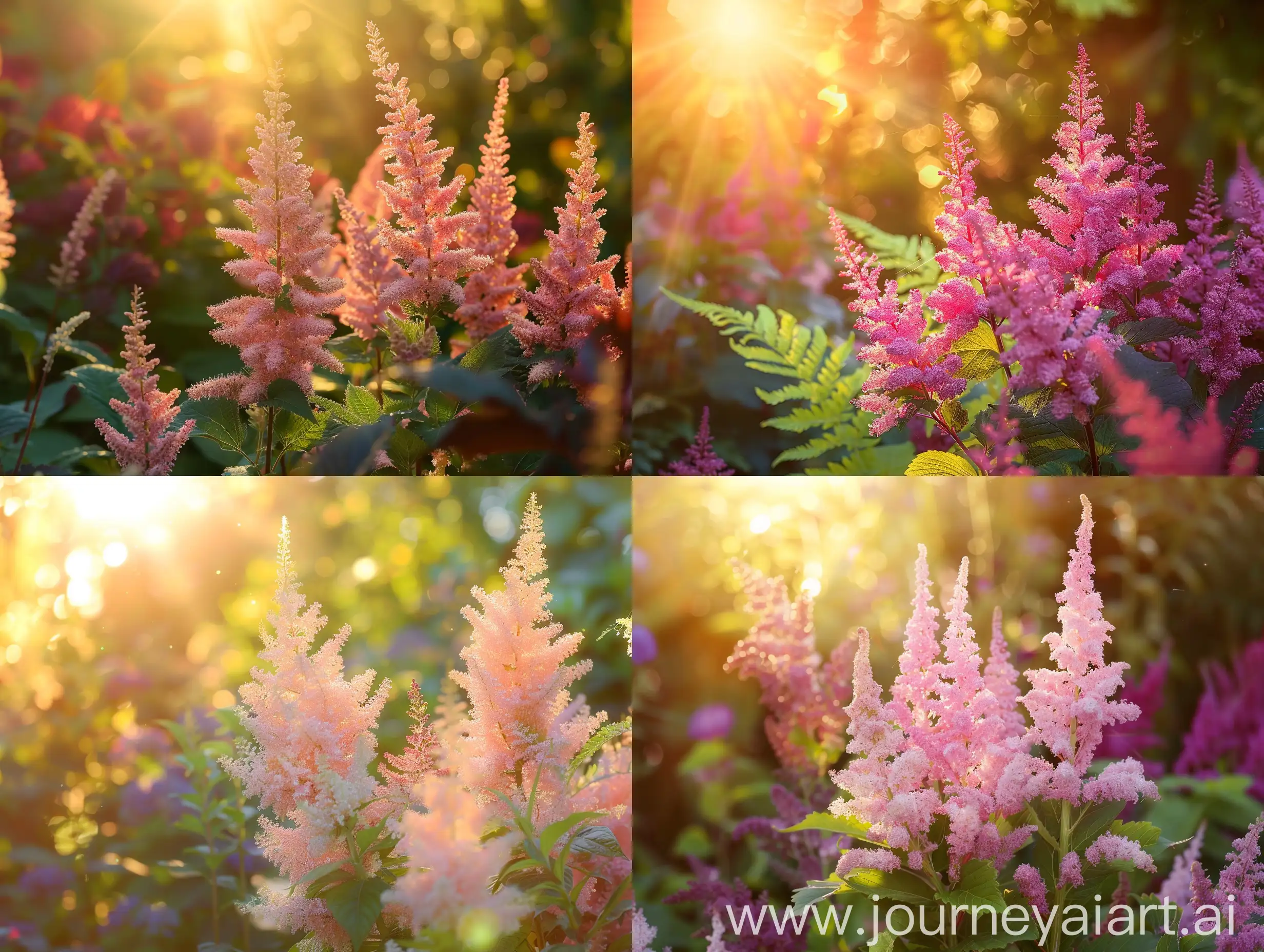 High detailed photo capturing a Astilbe, Younique Carmine. The sun, casting a warm, golden glow, bathes the scene in a serene ambiance, illuminating the intricate details of each element. The composition centers on a Astilbe, Younique Carmine. The soft, feathery plumes of these astilbes are a welcome sight in spring and will brighten any shady space. Clumps form rapidly, with glossy, deep green, lacy foliage that makes an excellent ground cover. Best grown in drifts with heucheras, ferns, helle. The image evokes a sense of tranquility and natural beauty, inviting viewers to immerse themselves in the splendor of the landscape. --ar 16:9 