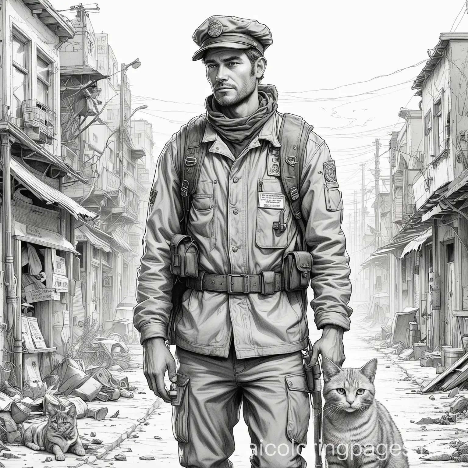 a mailman in a post-apocalypse future with his faithful sidekick cat, Coloring Page, black and white, line art, white background, Simplicity, Ample White Space. The background of the coloring page is plain white to make it easy for young children to color within the lines. The outlines of all the subjects are easy to distinguish, making it simple for kids to color without too much difficulty