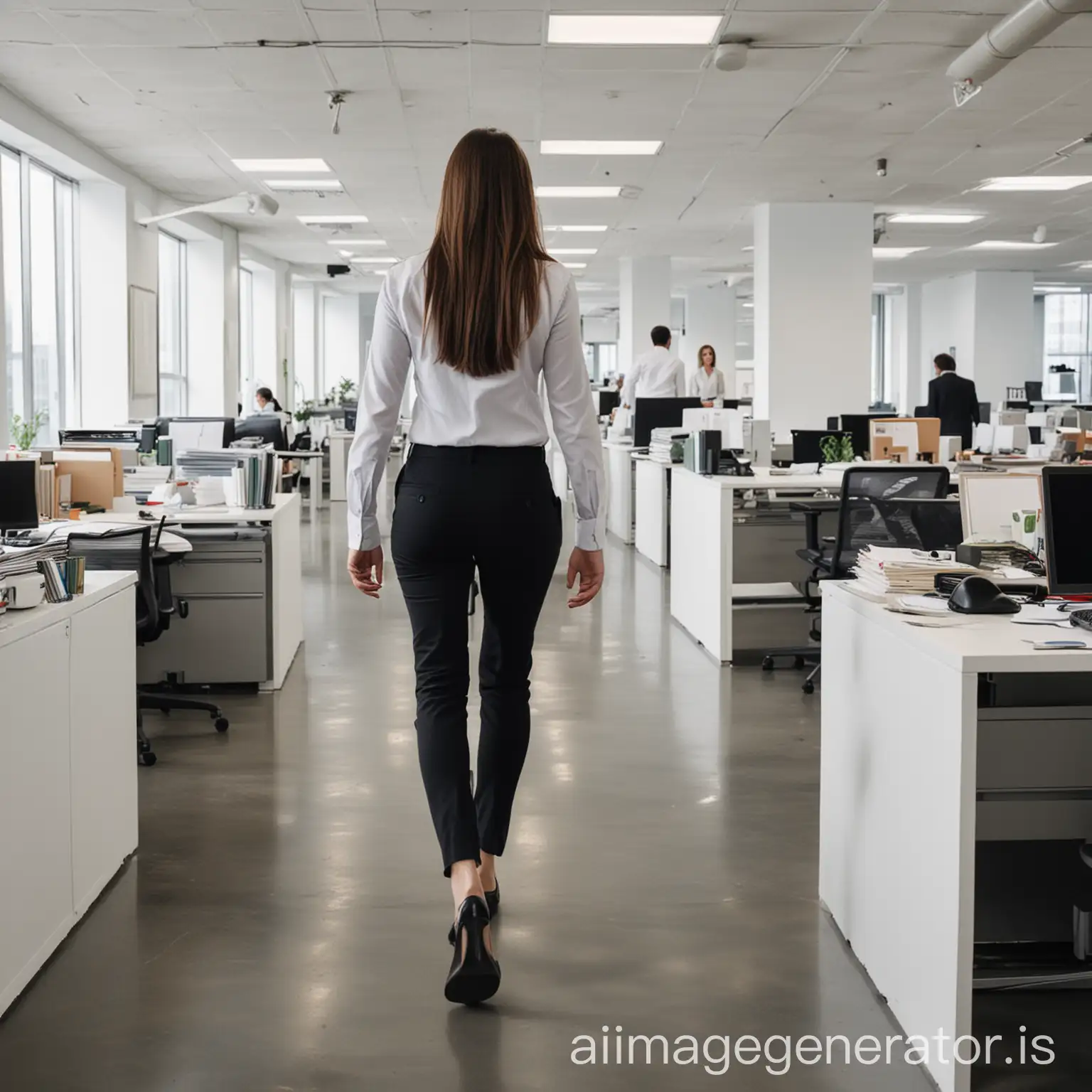 Professional-Woman-Walking-Towards-Chaotic-Office-Environment