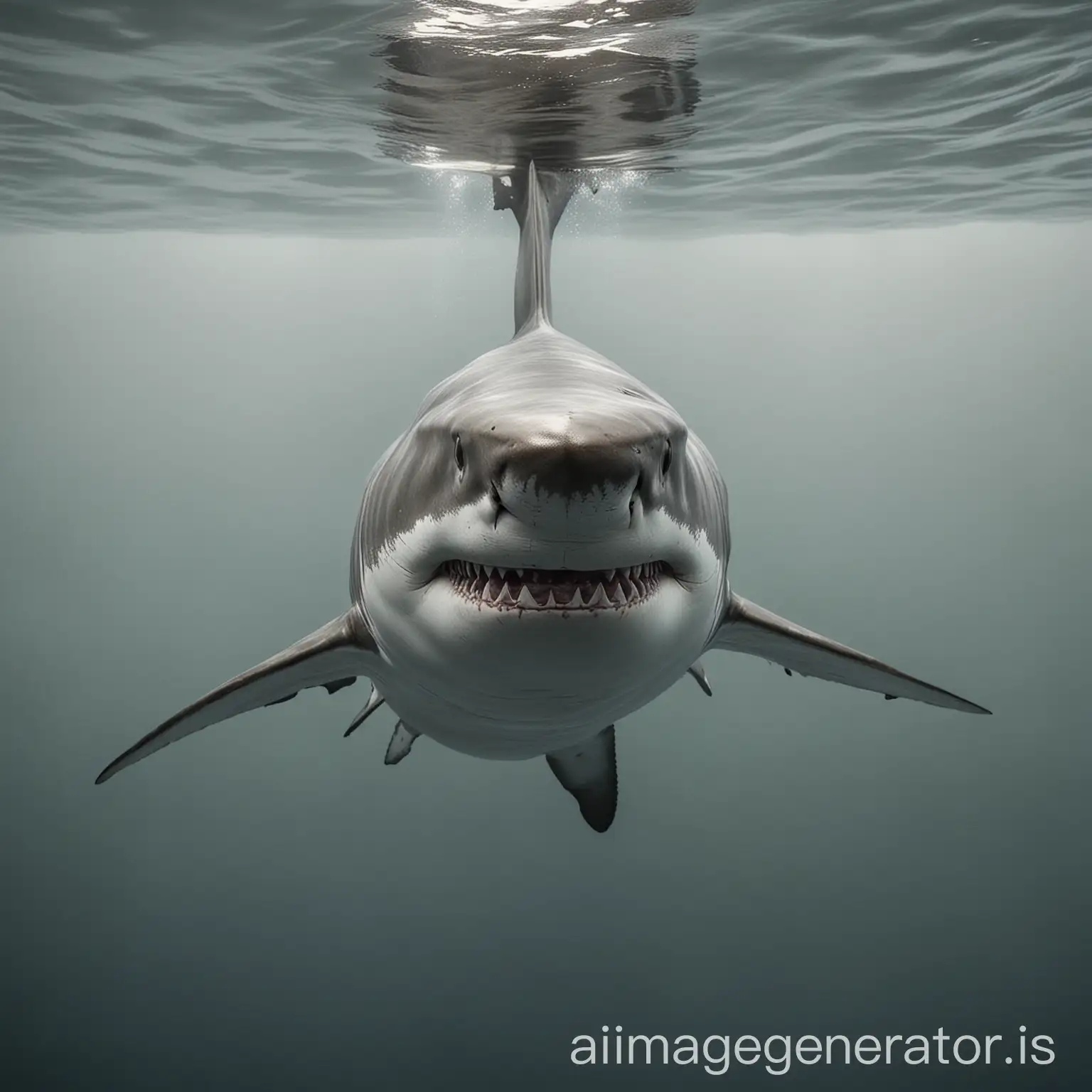 realistic great white shark full body, under water, the water looks half full, neutral background.