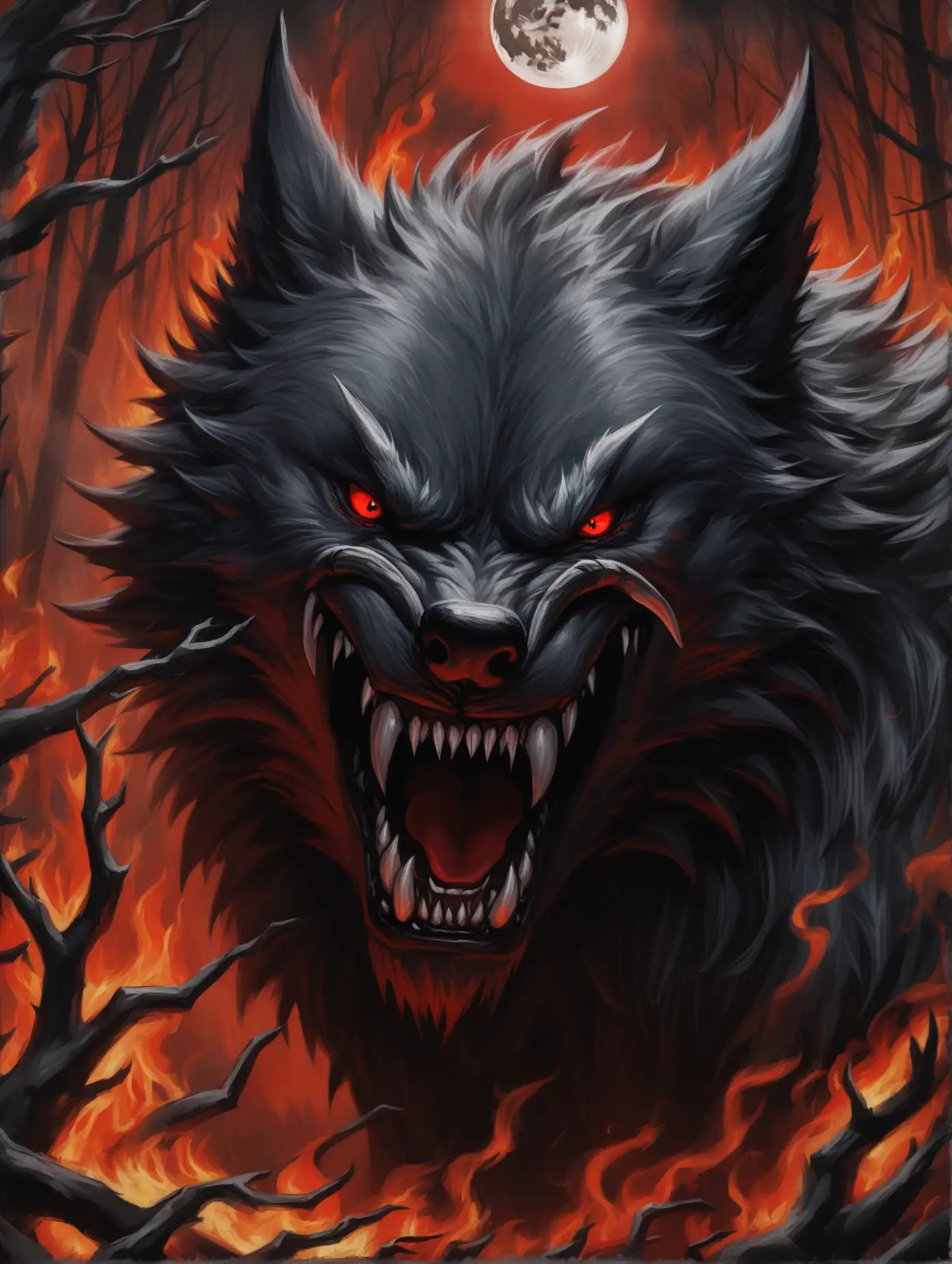 Черный большой волк, огненно-красные глаза, ярость, звериный оскал, клыки, черный дым вокруг, крупный план, фон черный лес в полнолуние, детализация, реализм