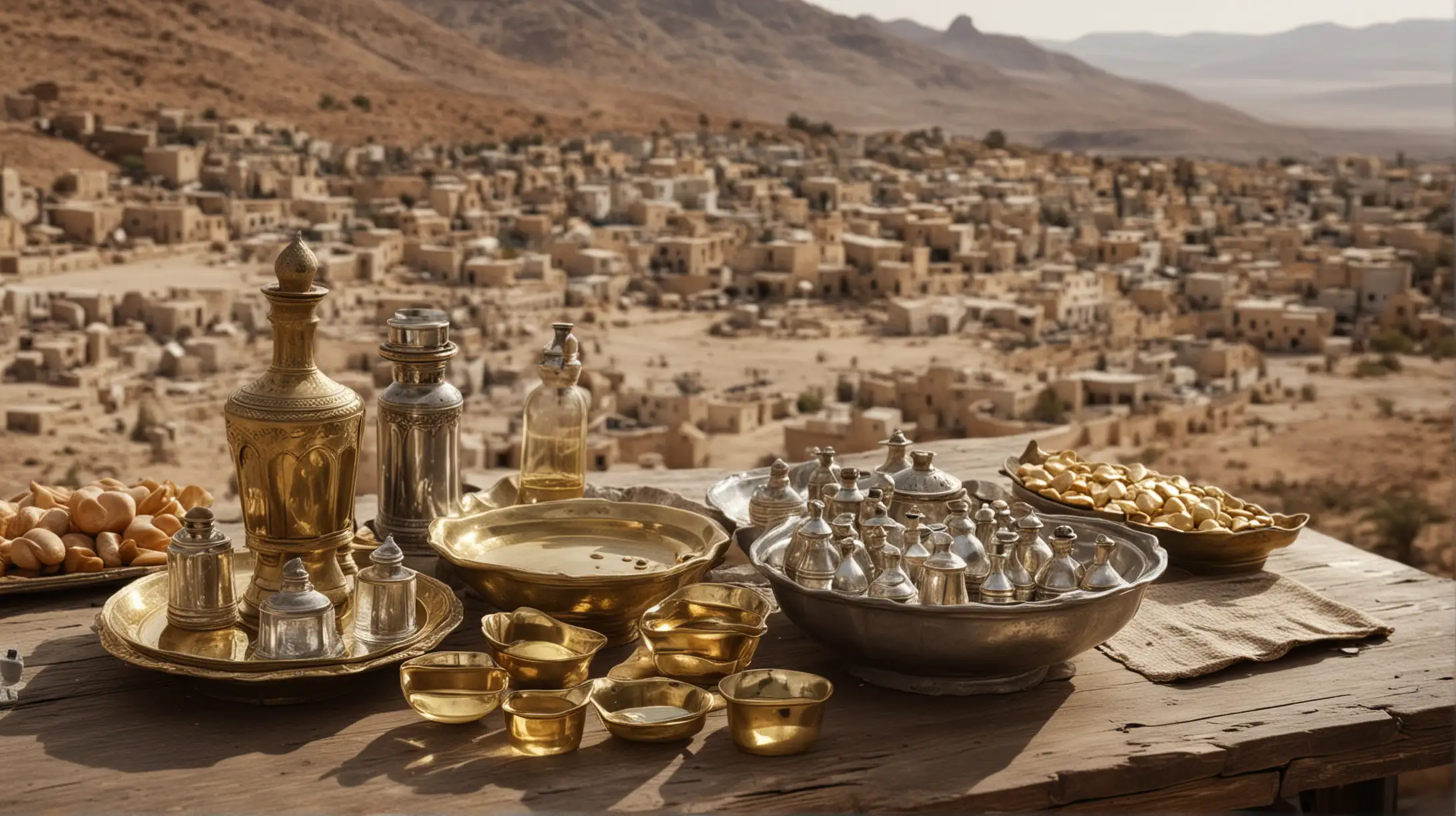 a close up of an old table, with some Gold and silver bowls on it, and some annointing oil set in a small desert  village scene, with some jewish people in the distance,  Set during the Era of the Biblical Moses.