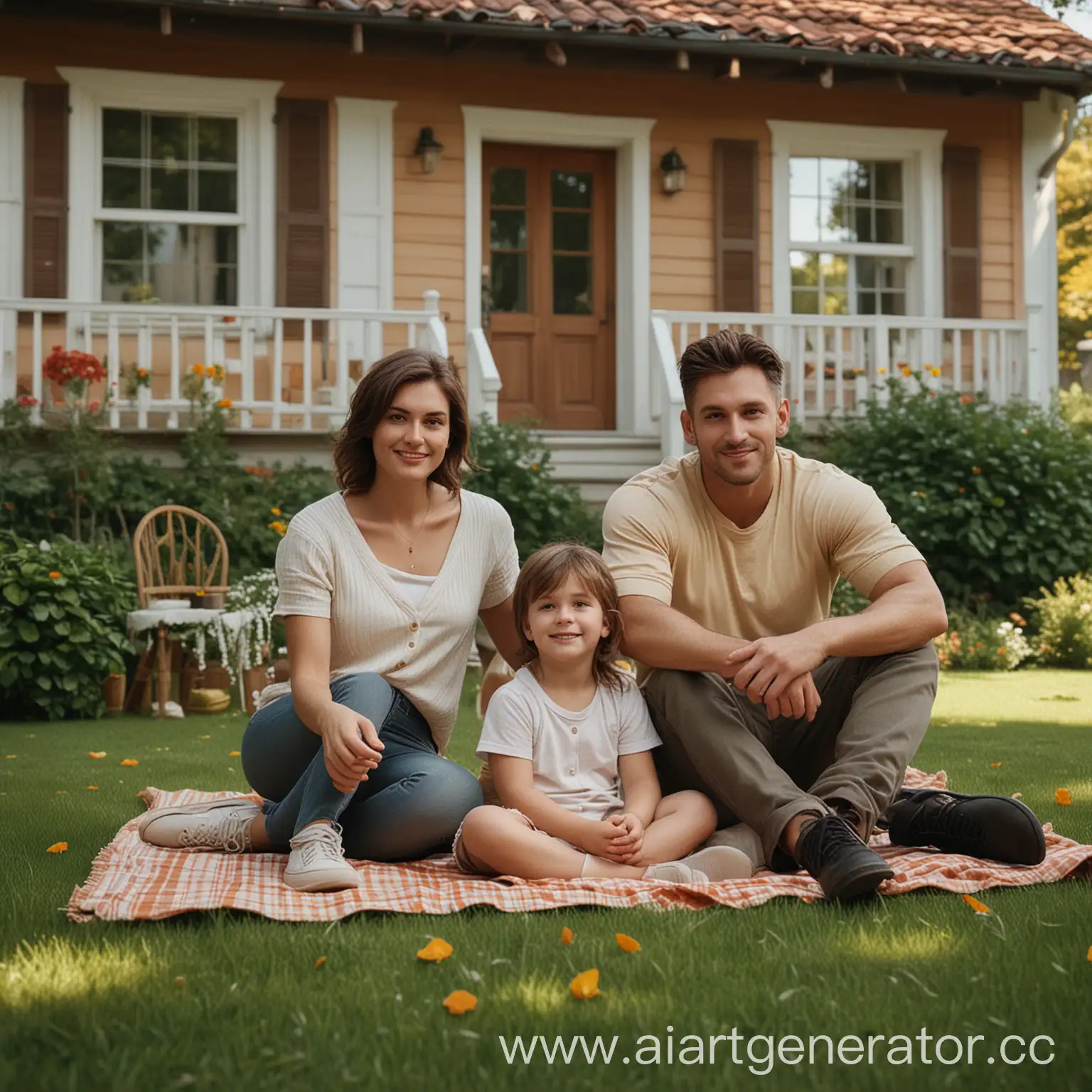 Happy-Family-Portrait-in-Front-of-Cottage-Natural-Light-and-Warm-Tones