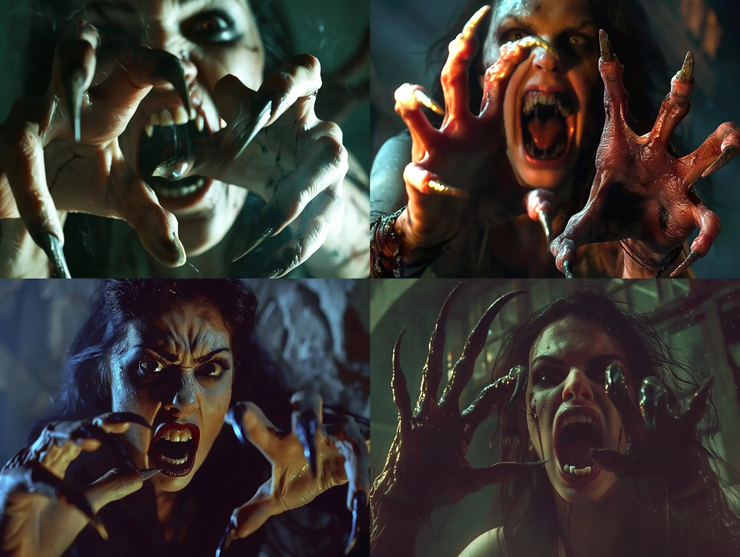A photorealistic scene of a wild vampire woman with extra long pointed fingernails, on each hand with five fingers, her mouth is threateningly open, and her teeth look like fangs. The vampire looks like she emerged from the depths of the earth, her nails resembling the claws of a predator. The scene takes place inside a dimly lit room, exuding a hyper-realistic and cinematic quality with high attention to detail. The atmosphere is dark and intense, with haunting and atmospheric lighting that emphasizes the smallest details. The vampire's appearance is aggressive and realistic, evoking a sense of horror and unease. The overall scene is detailed, textured, and exudes a sense of eerie realism. The focus is on creating a night-time setting that feels both spooky and terrifying, with a full anatomical representation that captures the essence of an undead creature. The goal is to achieve photorealism with clear, flawless human hands featuring five fingers