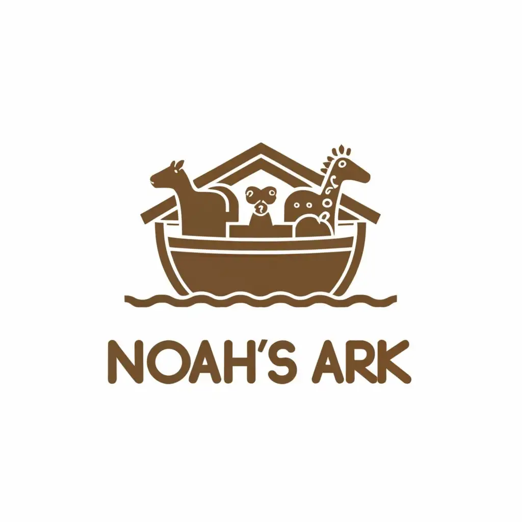 a logo design,with the text 'Noah’s ark', main symbol:Noah’s Ark with five animals - monkey, horse, rabbit, dog, cat,Moderate, clear background