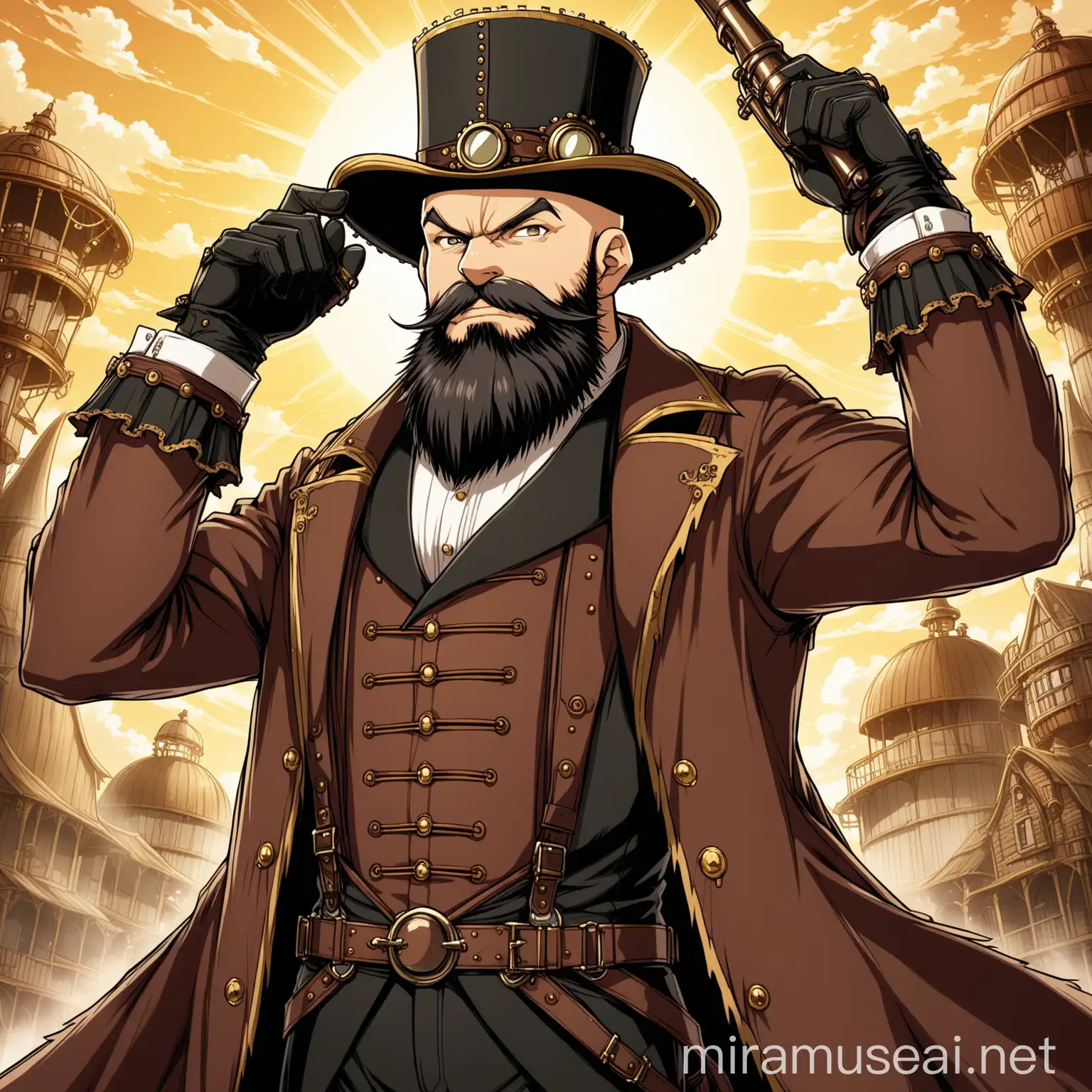 a victorian era steampunk hunter man, he is bald, he has a long black beard, he is ugly, he has a harquebus. in anime