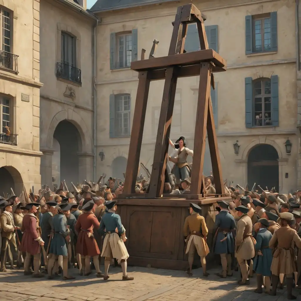 люди вокруг гильотины на площади во Франции, 18 век. стиль реализм, 3д-анимация.