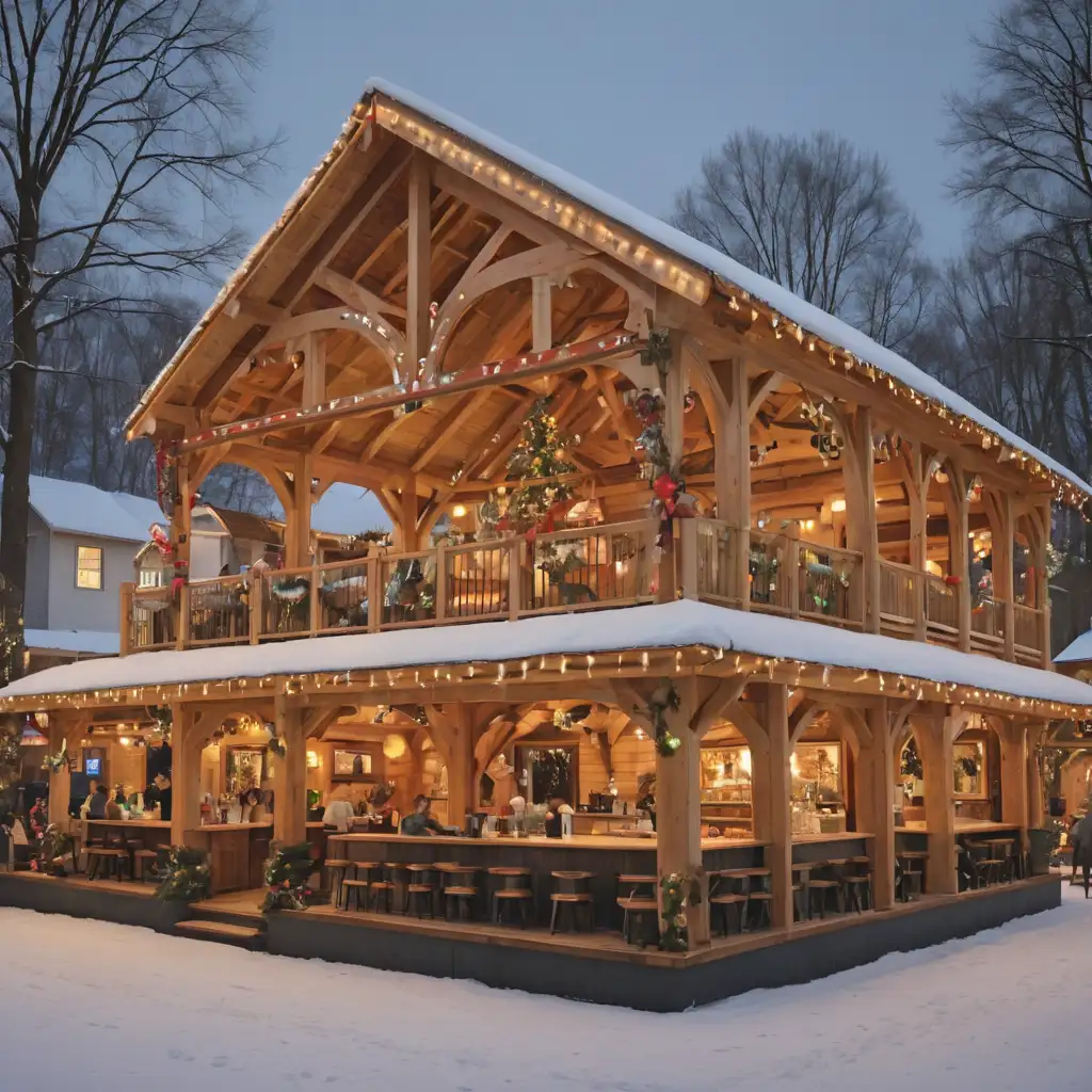 Winter Event Structure with Curved Glulam Bar Seating and Christmas Decorations