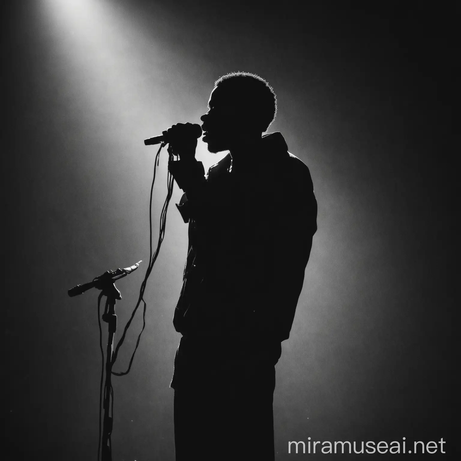 a silhouette of a black man performing with a microphone in his hands