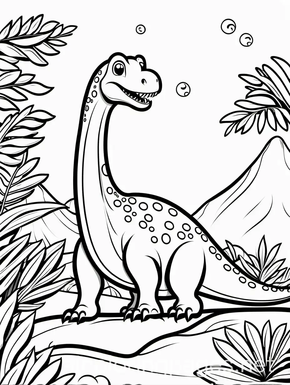 cute long neck dinosaur eating a leave on a branch , Coloring Page, black and white, line art, white background, Simplicity, Ample White Space. The background of the coloring page is plain white to make it easy for young children to color within the lines. The outlines of all the subjects are easy to distinguish, making it simple for kids to color without too much difficulty