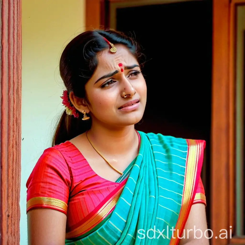 Sorrowful-Indian-Woman-in-Traditional-Saree-Weeping-at-Home