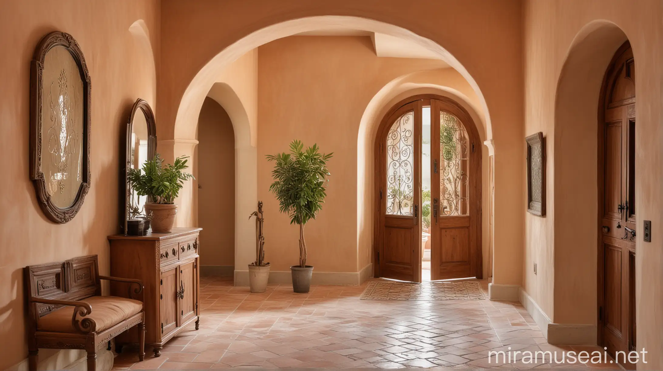 Elegant Mediterranean Entrance Hall with Wooden Cabinet and Arched Doorway