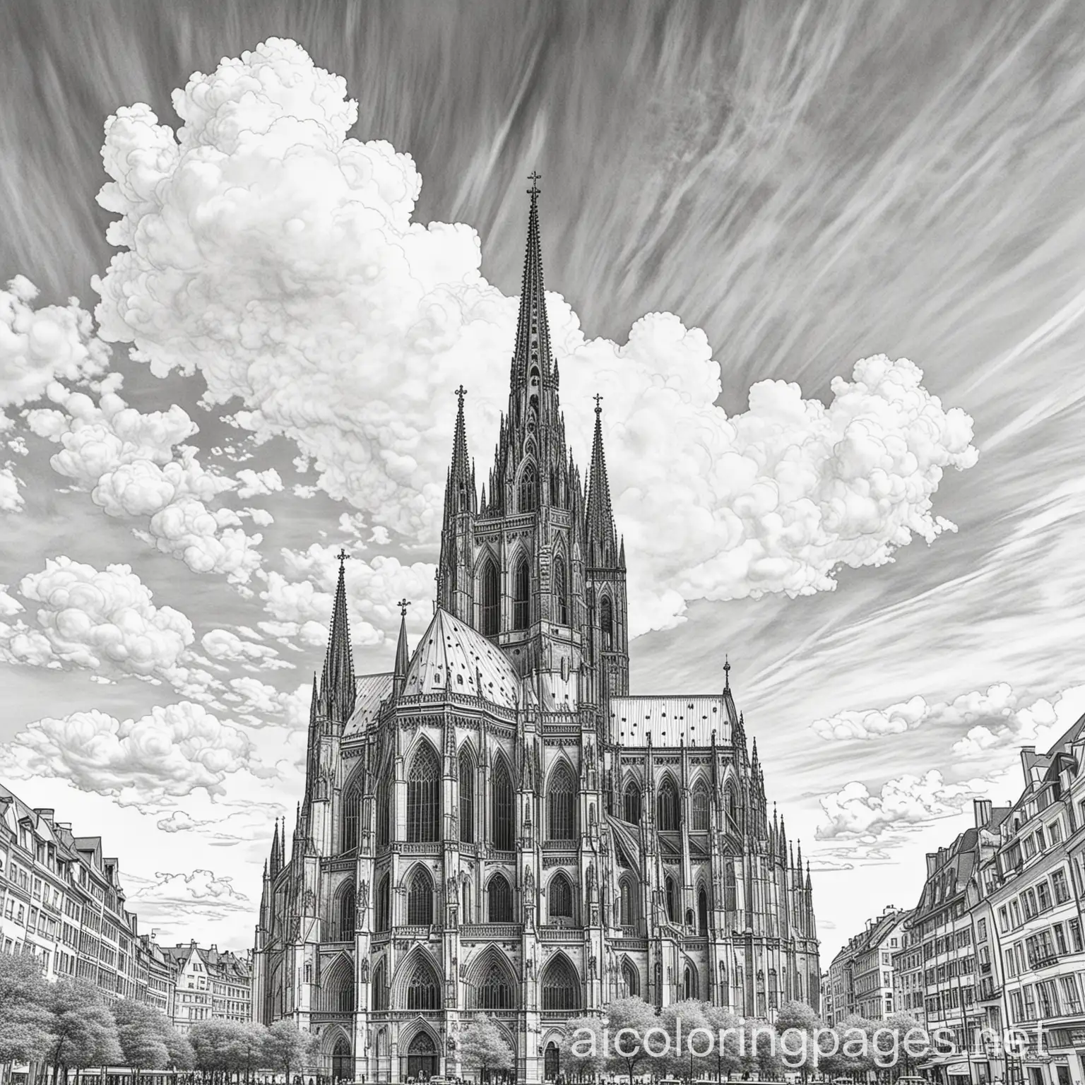 Kölner Dom mit Wolken am Himmel, Coloring Page, black and white, line art, white background, Simplicity, Ample White Space. The background of the coloring page is plain white to make it easy for young children to color within the lines. The outlines of all the subjects are easy to distinguish, making it simple for kids to color without too much difficulty