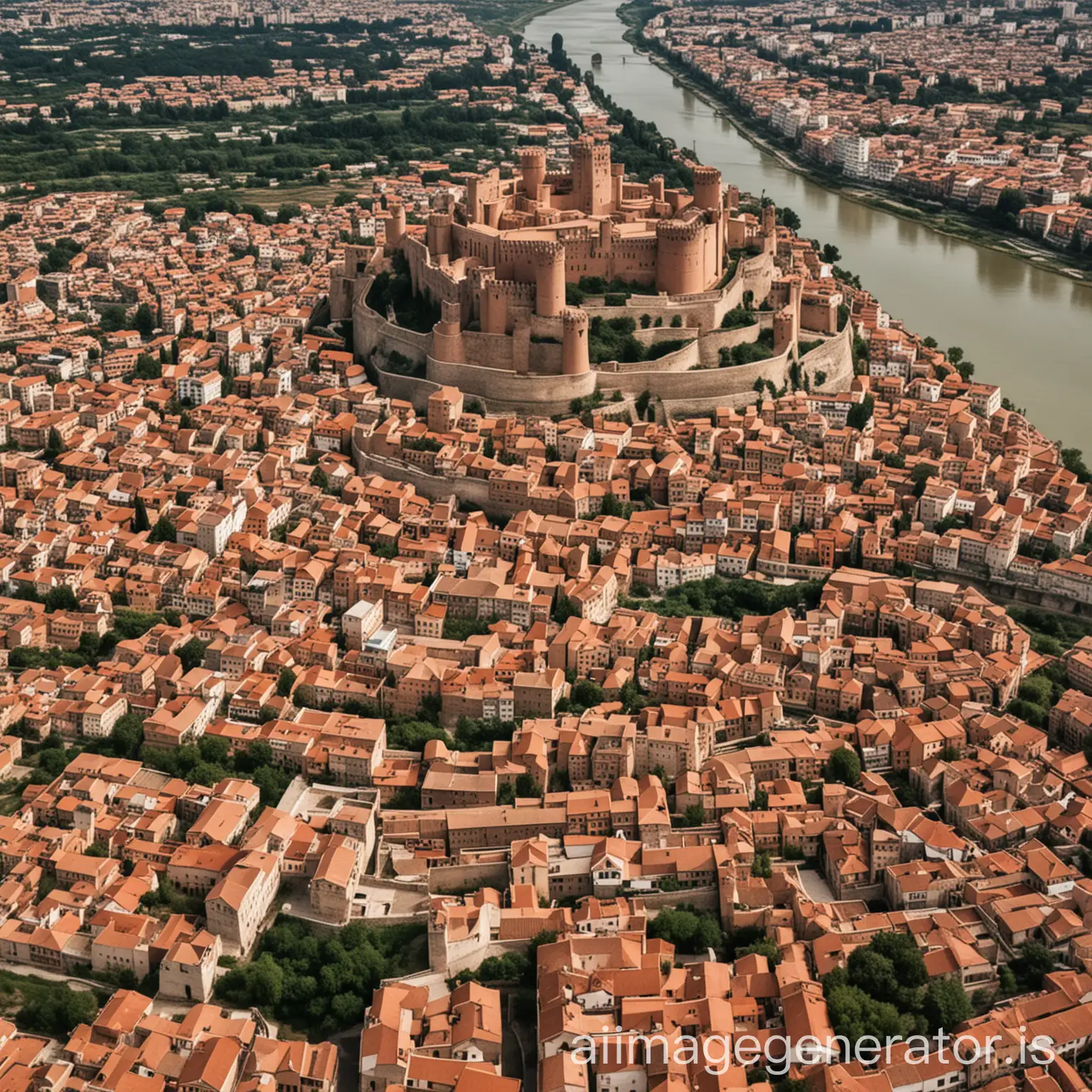 a capital city located on a river bend. Outside the walled city are vineyards. Many of the buildings are made with terracotta tiles. with a castle-palace in the center that overlooks it all
