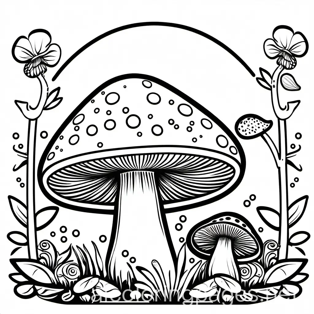Black and white, fairy, mushroom, Coloring Page, black and white, line art, white background, Simplicity, Ample White Space. The background of the coloring page is plain white to make it easy for young children to color within the lines. The outlines of all the subjects are easy to distinguish, making it simple for kids to color without too much difficulty