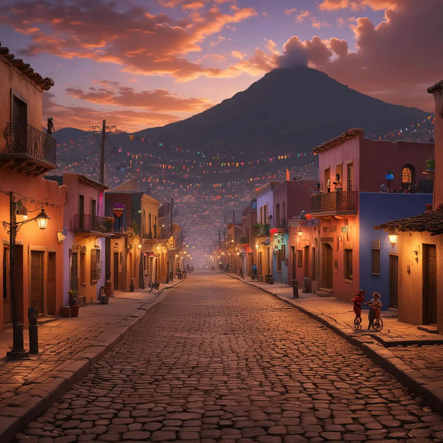 Create an image of a small Mexican town that is inspired by the movie Coco