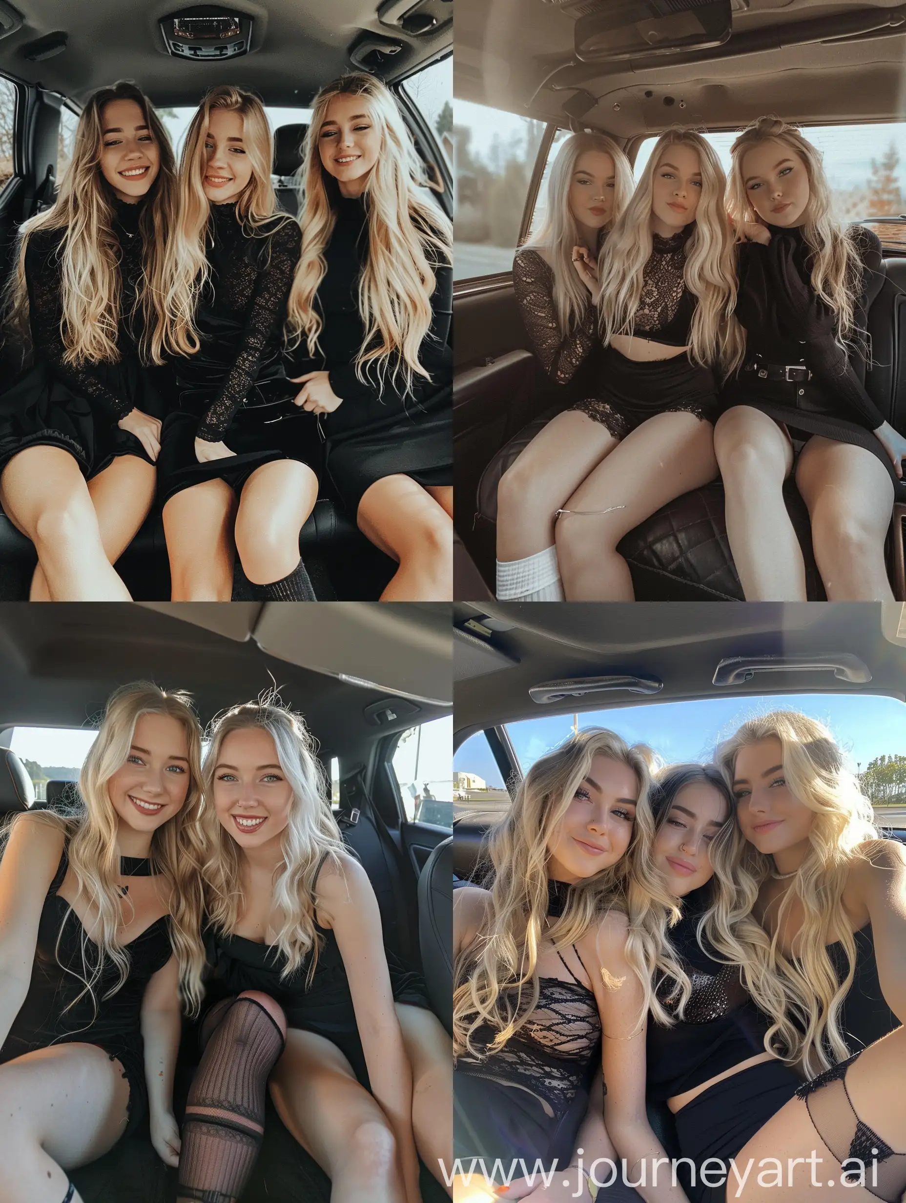 Three-Young-Women-Taking-Natural-Selfie-Inside-Car