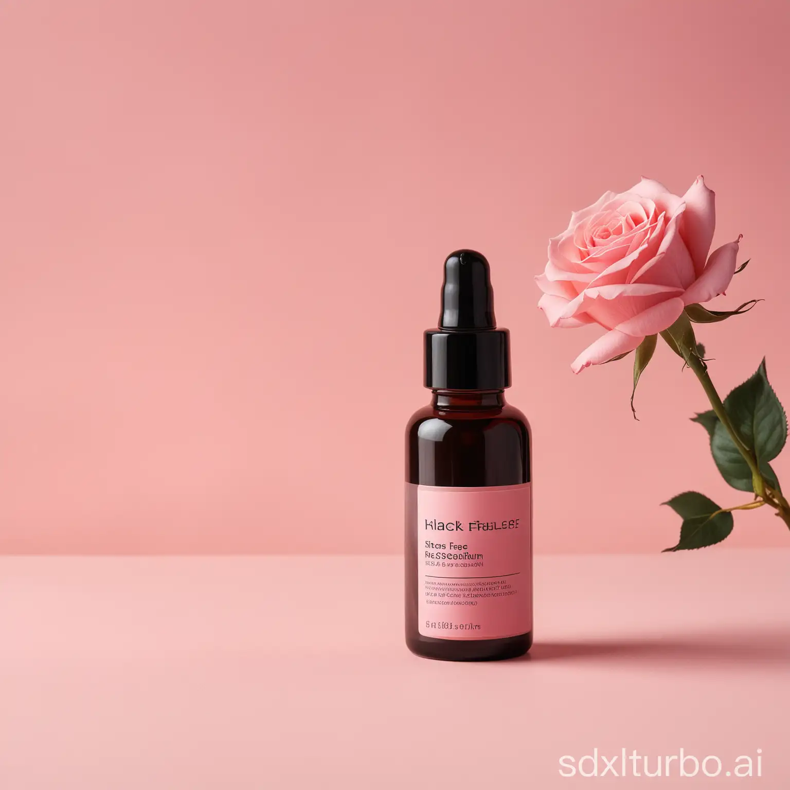 Black face rose serum bottle with blank label], aesthetic minimal composition, professional product photography, pastel background with sunlight