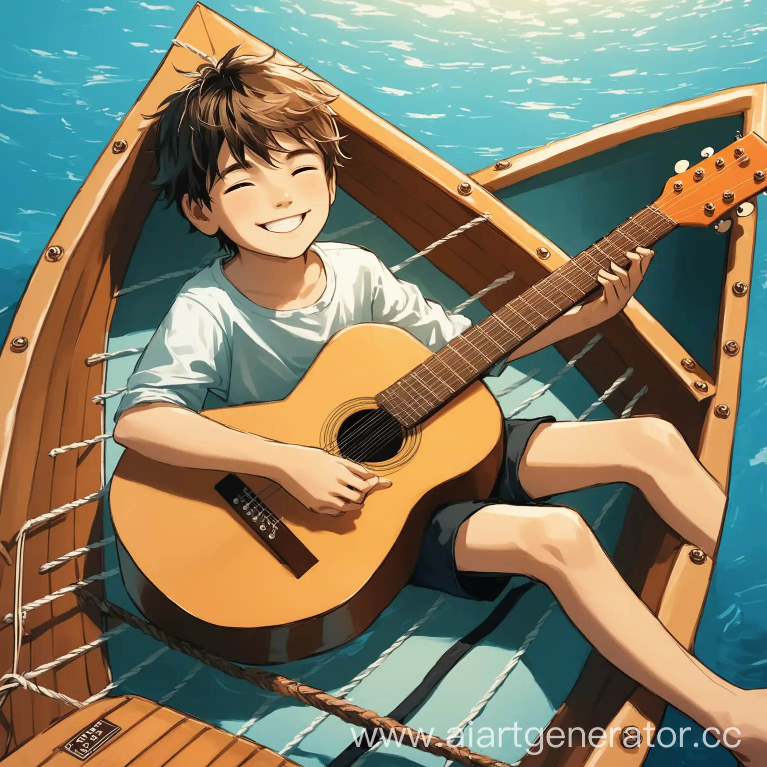 Мальчик с гитарой лежит в лодке и улыбаеца