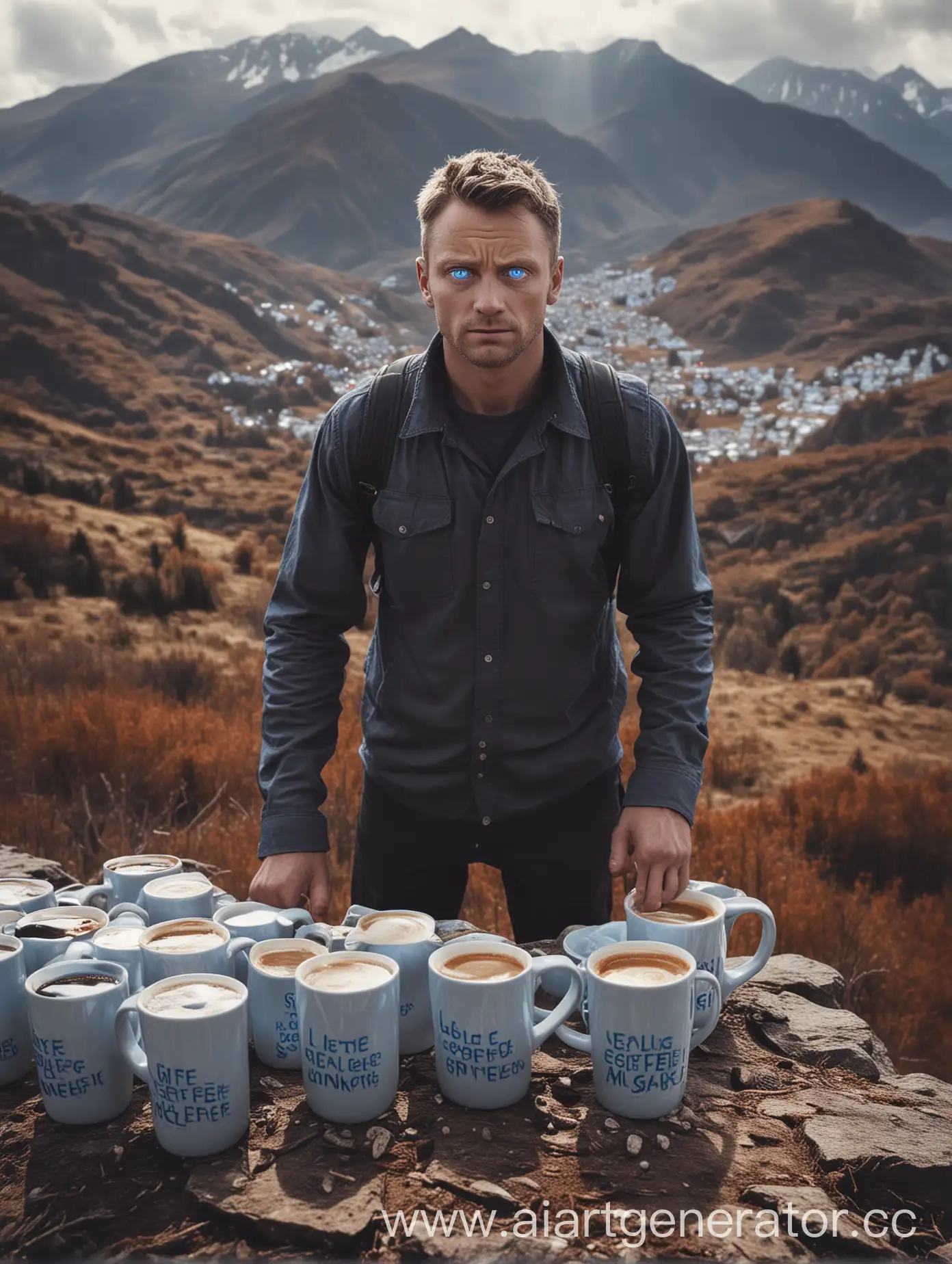 a tired-looking man with glowing blue eyes, ready to win, stands on top of a mountain consisting only of coffee mugs