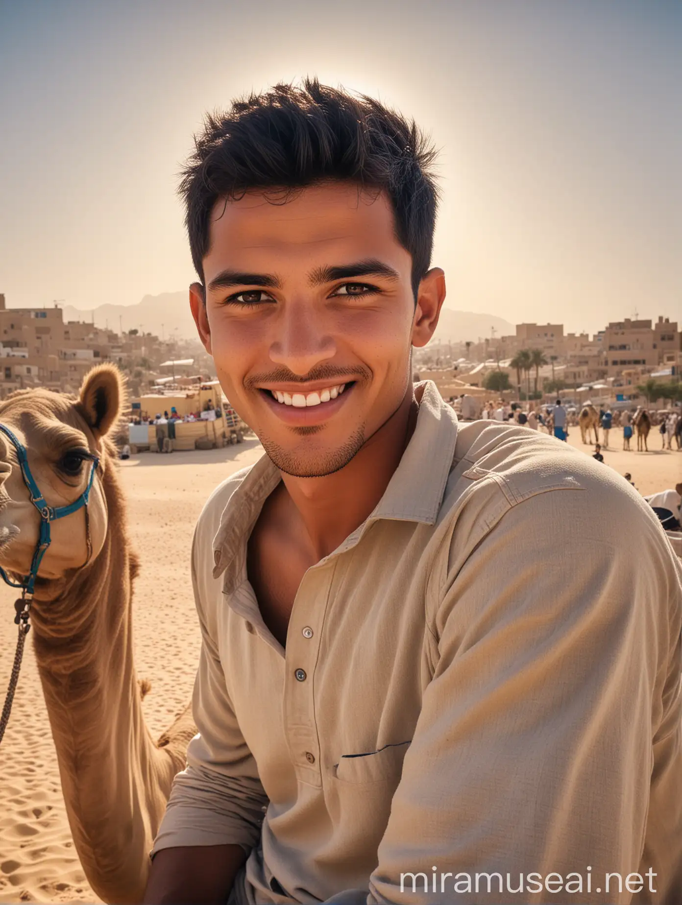 Handsome Young Man Smiling on Camel in Mecca City Egypt Ultra Realistic Portrait
