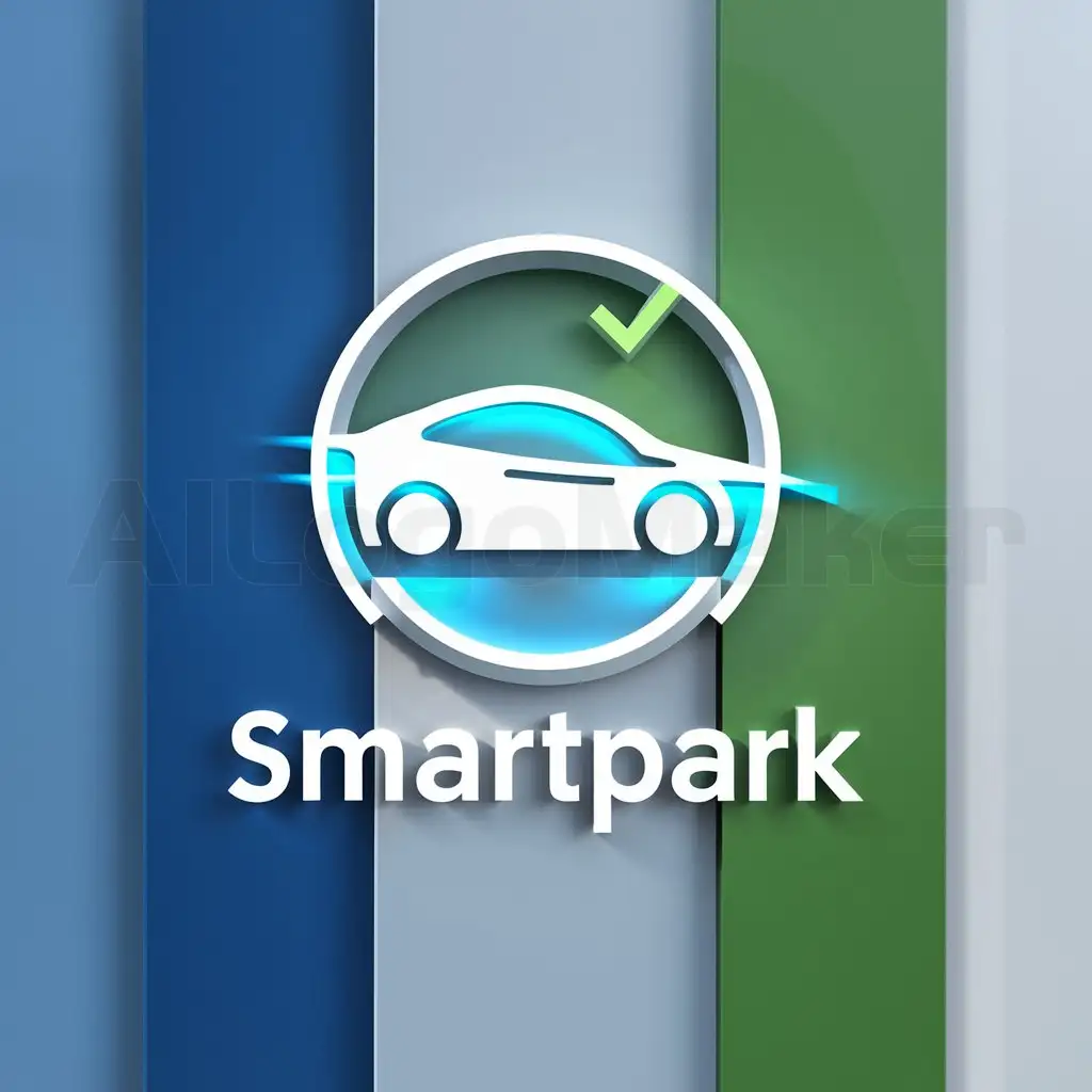 a logo design,with the text "SmartPark", main symbol:A stylized car icon parked inside a square or a circle, symbolizing a parking space. Add a small 'check' (✓) sign or a clock, representing availability and real-time information. In blue, green, and white,Moderate,clear background