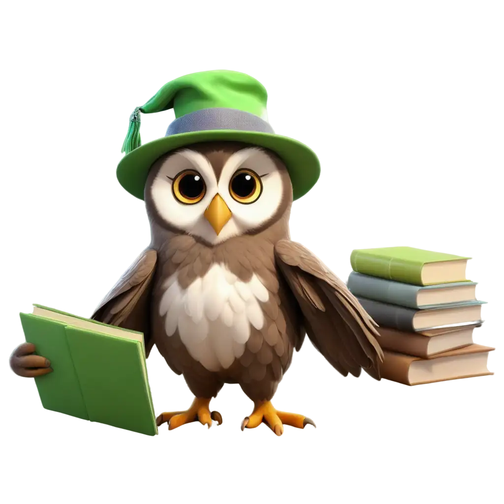 cute 3d realistic owl use green, white and violet as main colors, dressed a hat and a rob as books author(writer)