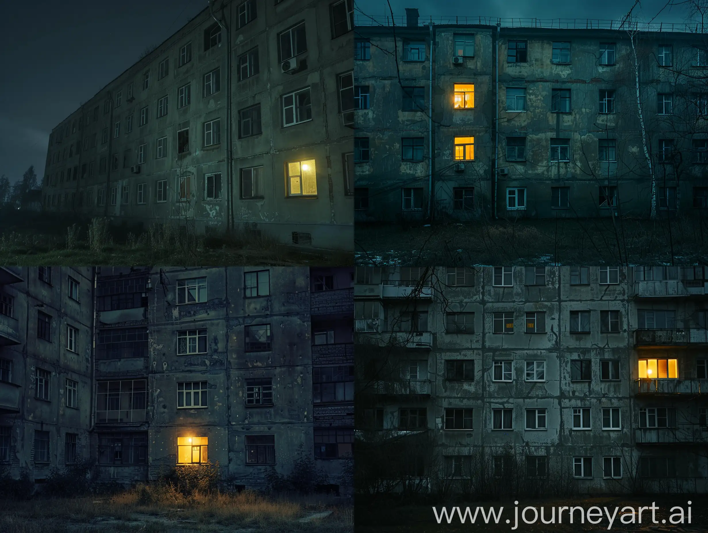 Большой российский старый панельный многоквартирный дом,  только лицевая сторона, темный, ночью, мрачный, страшный, свет только в одном окне