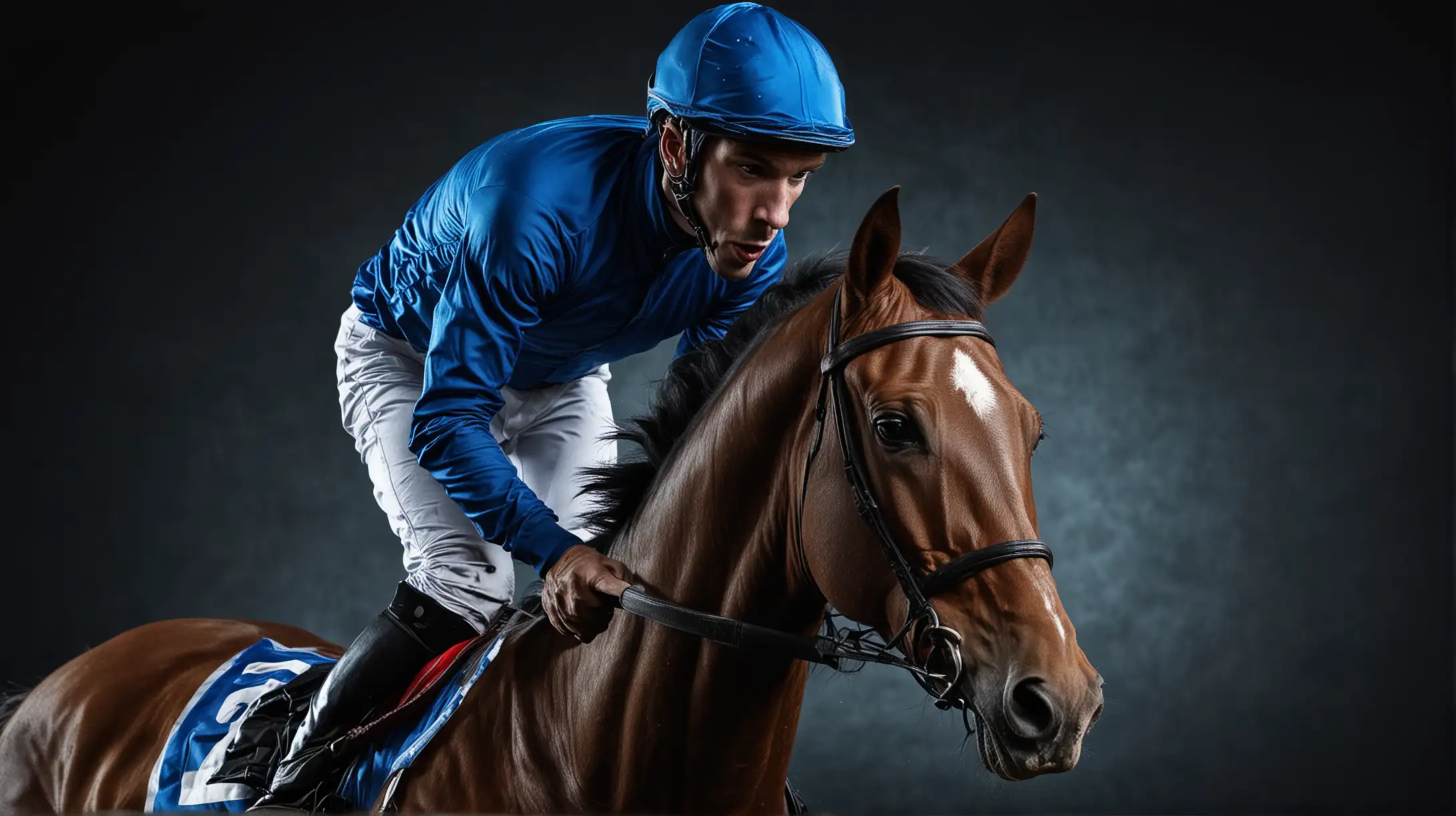Racehorse with Jockey at Races on Dark Background