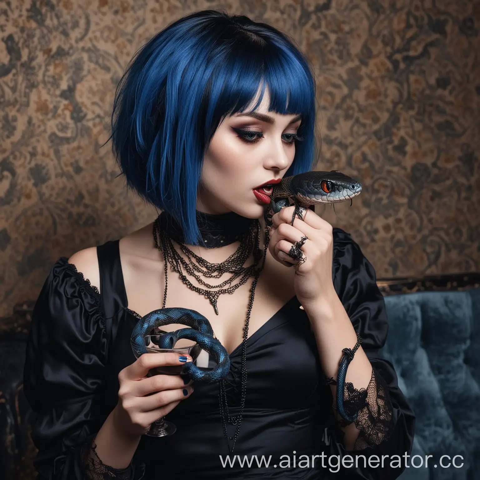 девушка вампир с прической боб синего цвета в черном платье с длинными рукавами, имеет домашнего питомца в виде змеи, любит выпить и внимание мужчин 