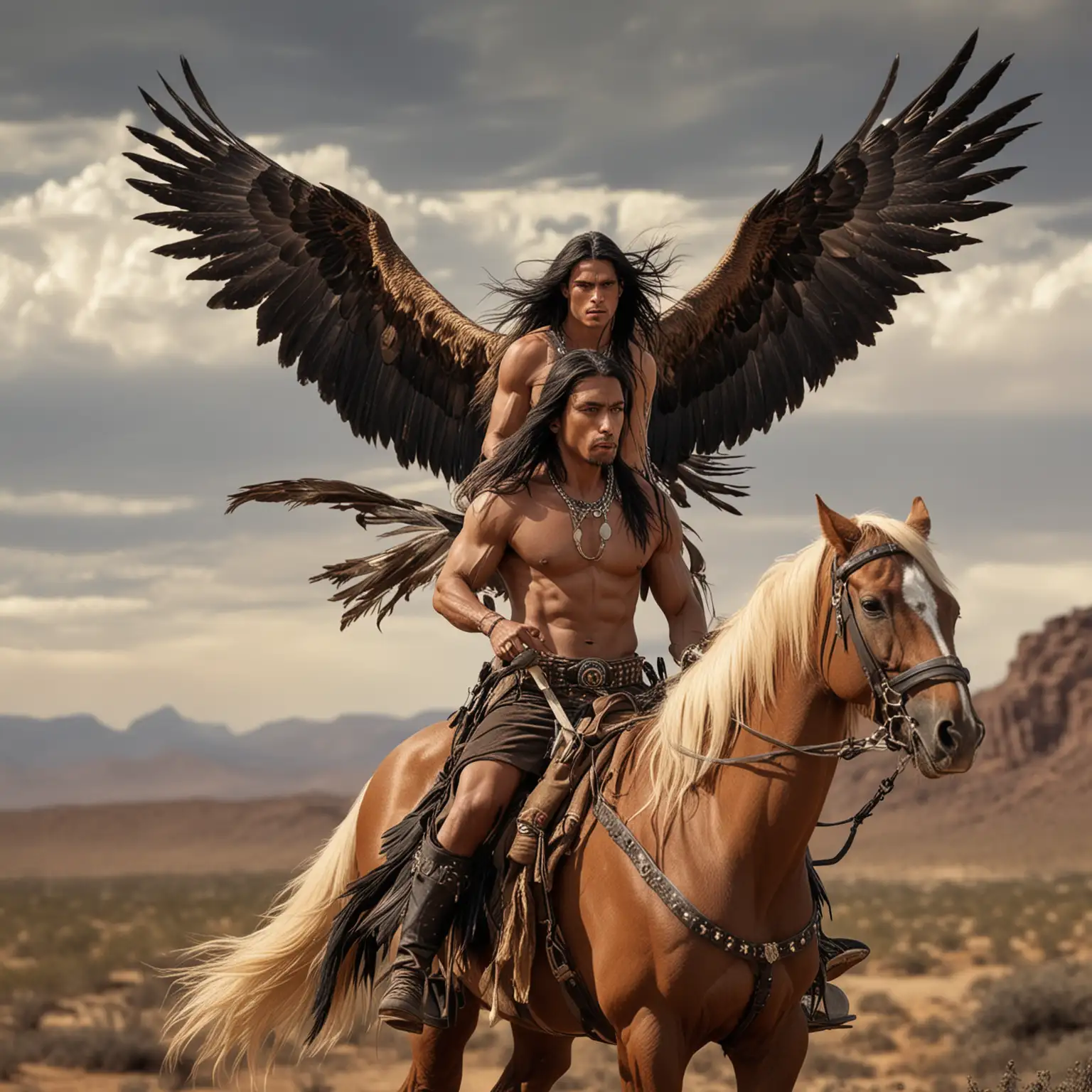 Guerrero apache alto musculoso guapo de cabellos negros largos con grandes alas largas de aguila que le salen de la espalda ,va volando sobre el  desierto y de fondo dos hermosas mujeres rubias a caballo persiguiendolo