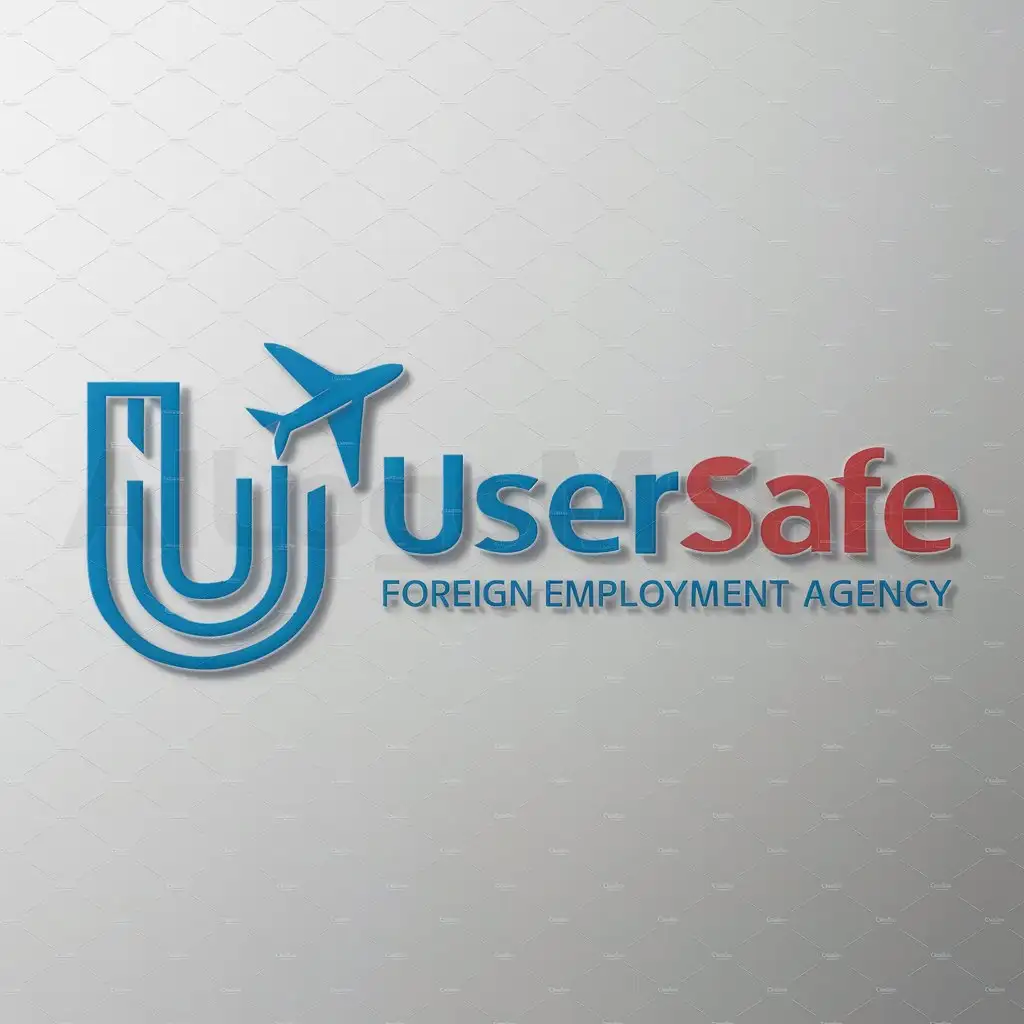 a logo design,with the text "USERSAFE FOREIGN EMPLOYMENT AGENCY", main symbol:the symbol u in unique way and plane,Moderate,clear background