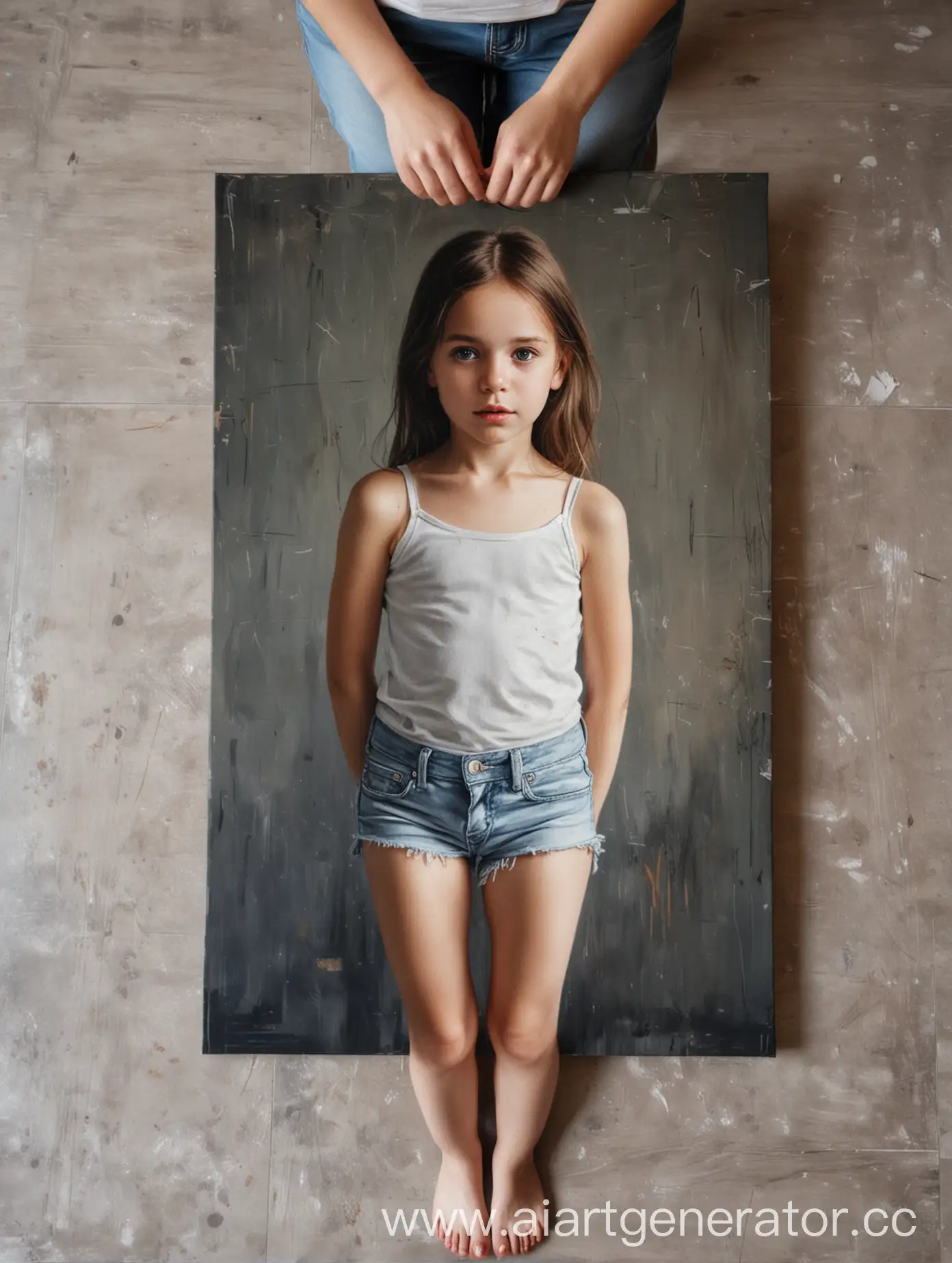 A portrait on canvas measuring 50x70 centimeters stands on the floor, which is held in the hands of a beautiful slender girl