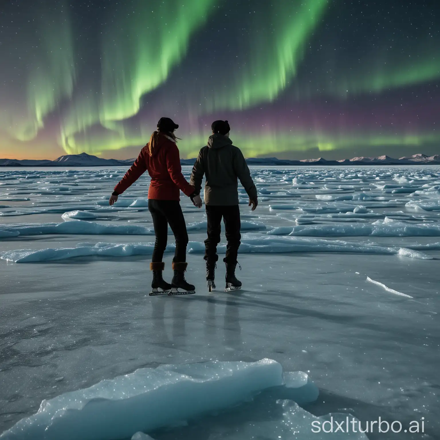 close view of a couple dancing, skating on cracking ice, North Pole, aurora borealis on the background