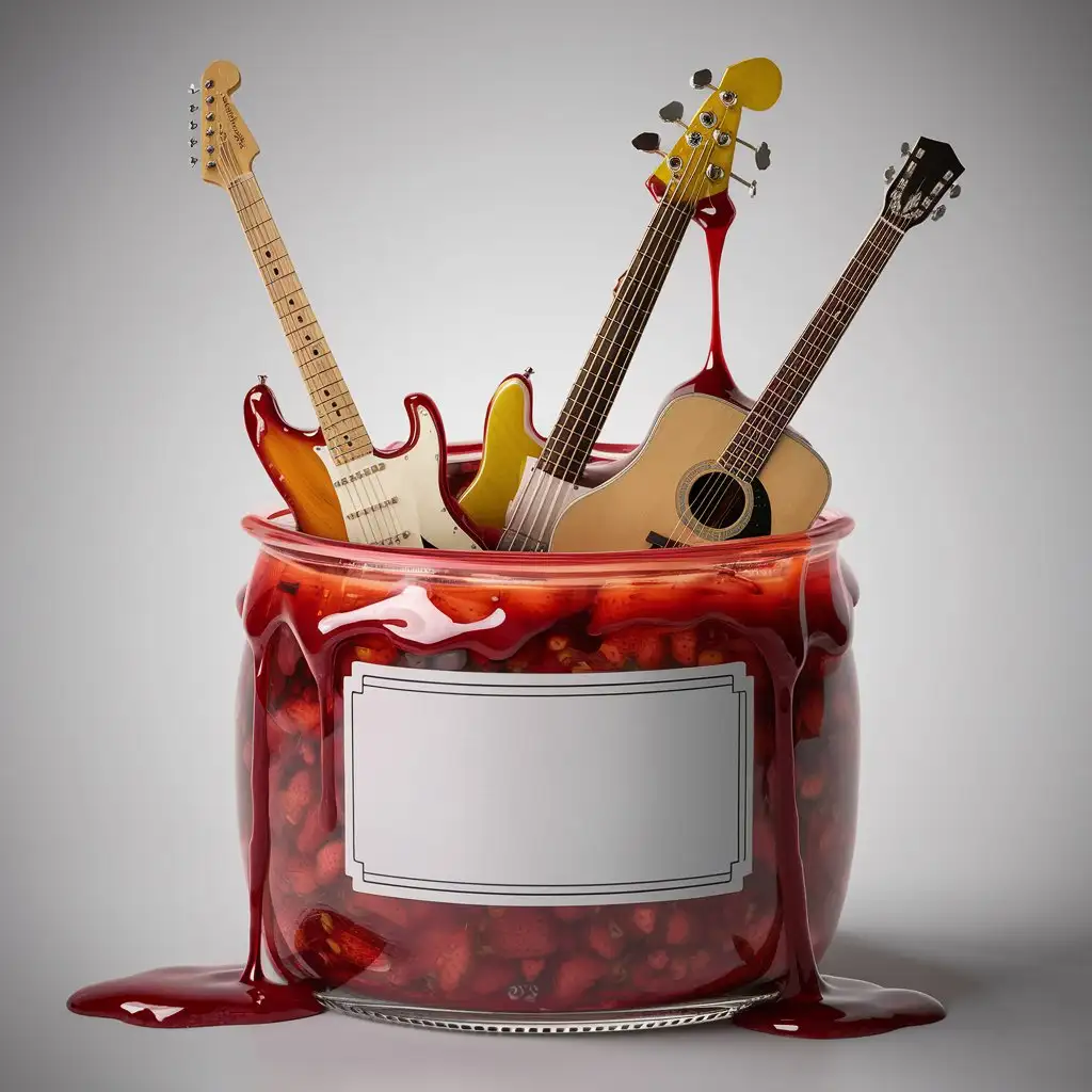 an open glass jar of sticky strawberry Jam, the tin jar lid is leaning against the jar, the glass jar has a big white blank label on it, inside the jar are 3 guitars that are sticking out of the top of the jar, but dripping with strawberry jam, the guitar necks are sticking out of the jar, it has an electric guitar, bass guitar and an acoustic guitar