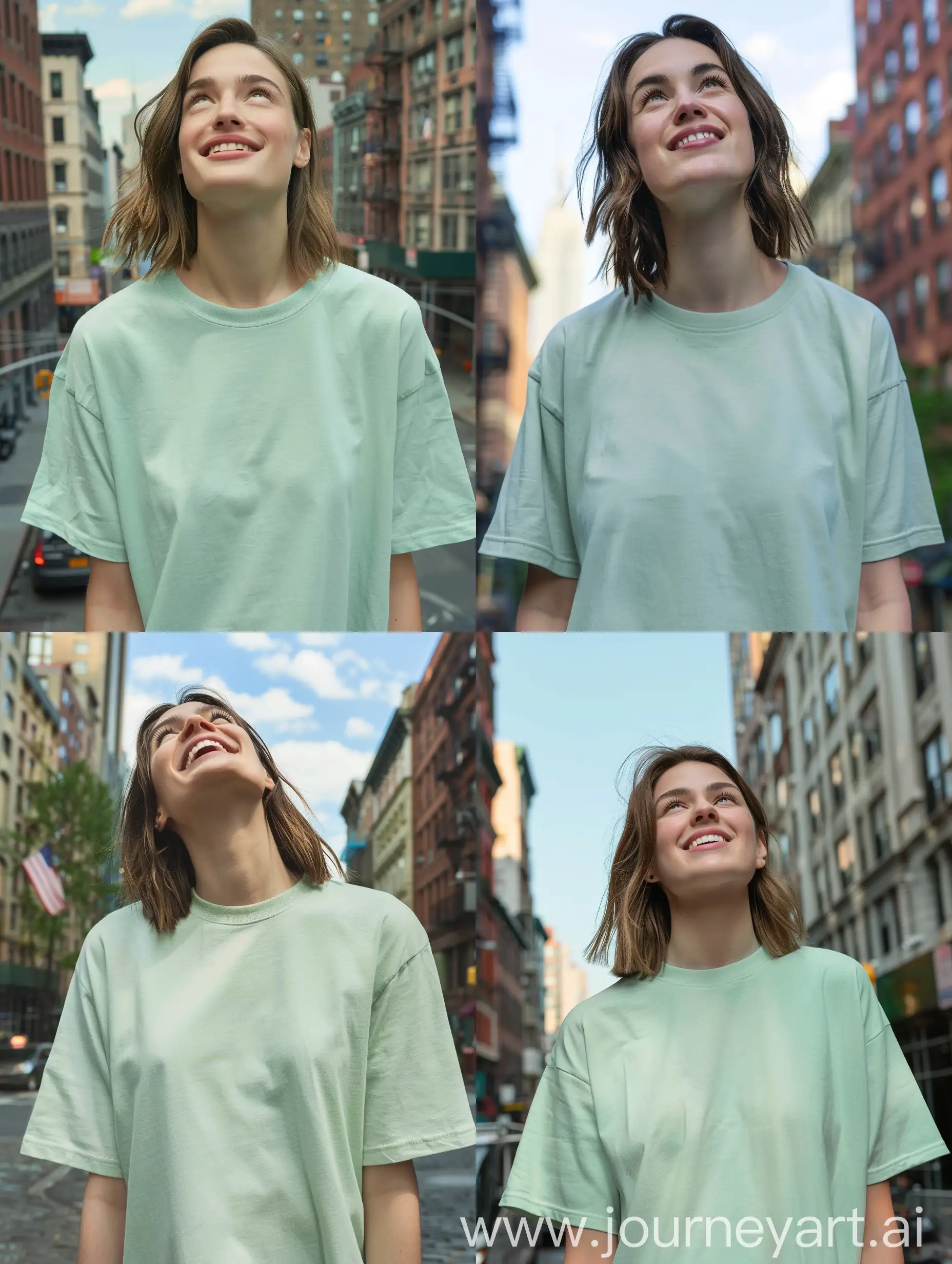 showing a real photo, full length of t-shirt, a beautiful, white, 26 year old woman with shoulder length hair, looking up happy, wearing a blank, loose and over-sized, baby green Bella Canvas 3001 t-shirt with a longer short sleeves, crew neck, streets of lower manhattan in the background