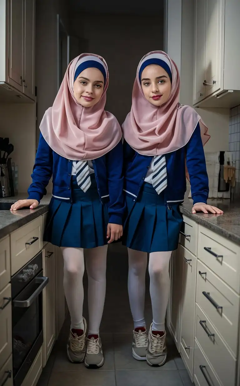 2 girl.  14 years old. They wear a modern hijab, school skirt, tight shirts, white opaque tights, sport shoes.
They are beautiful.
In kitchen. They standing on the kitchen countertrops. well-groomed, turkish, quality face, plump lips.
From below, worm's eye view