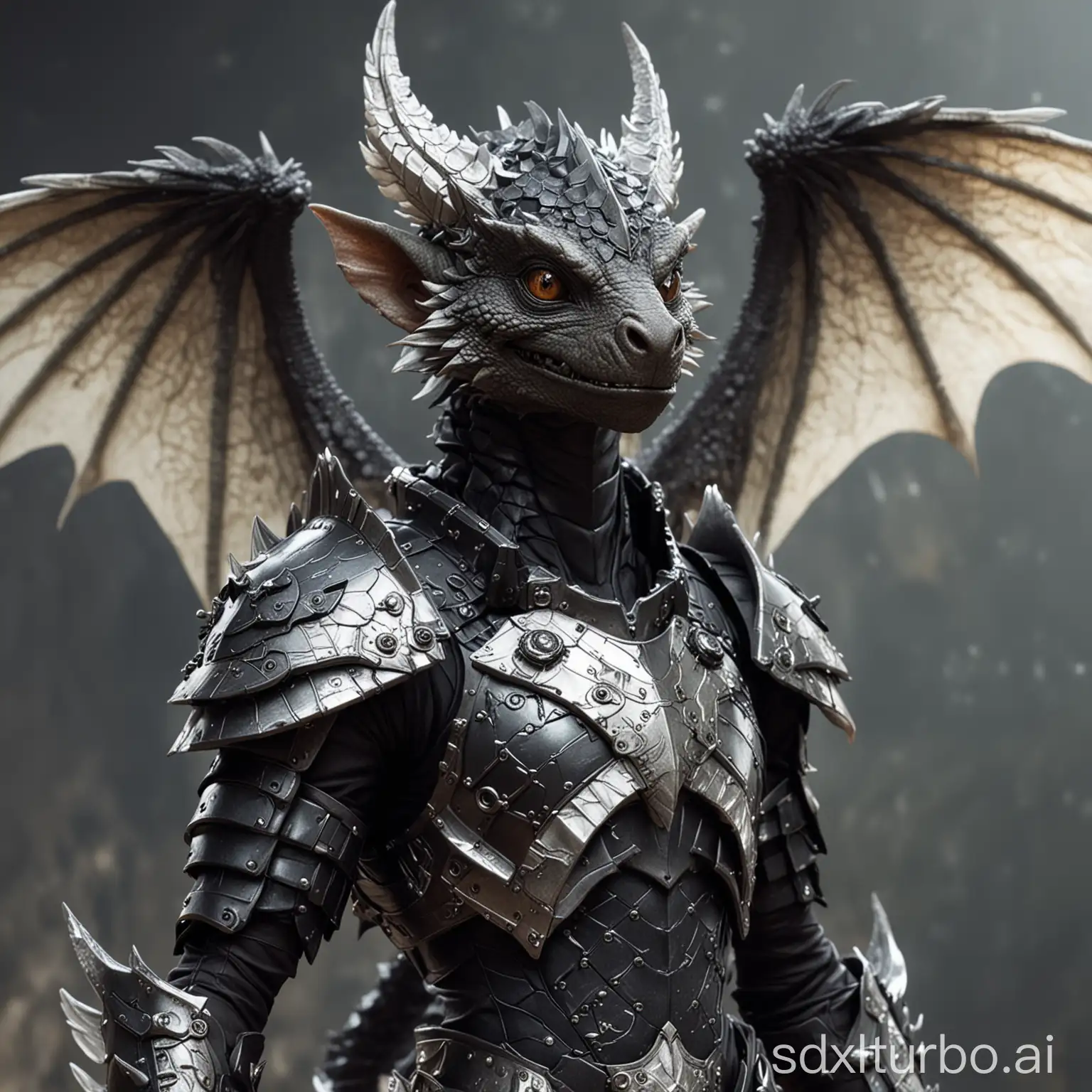 a kobold with silver scales and wings, wearing black sci-fi armor